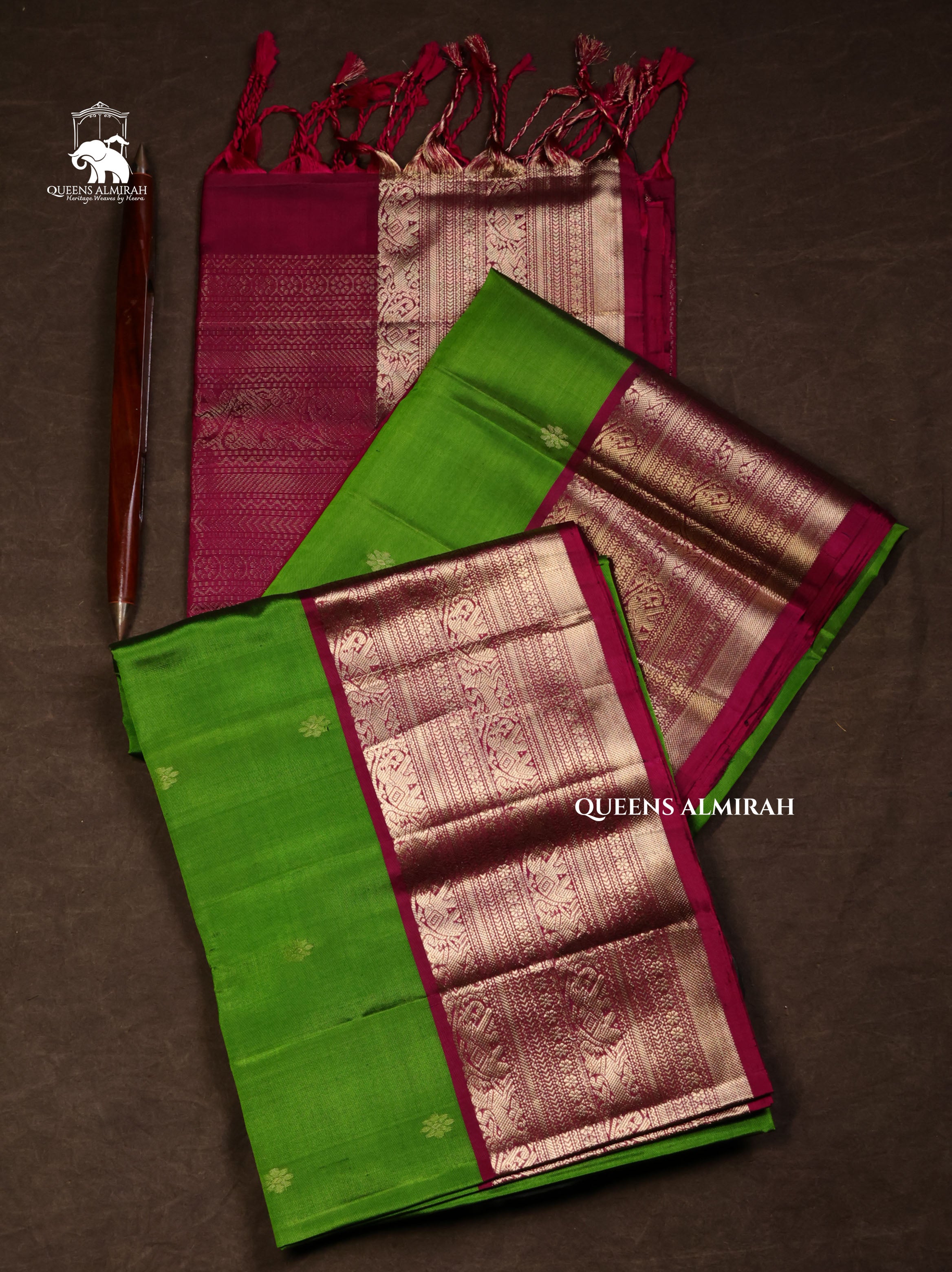 Leaf Green With Magenta Pink Pure Soft Silk Saree