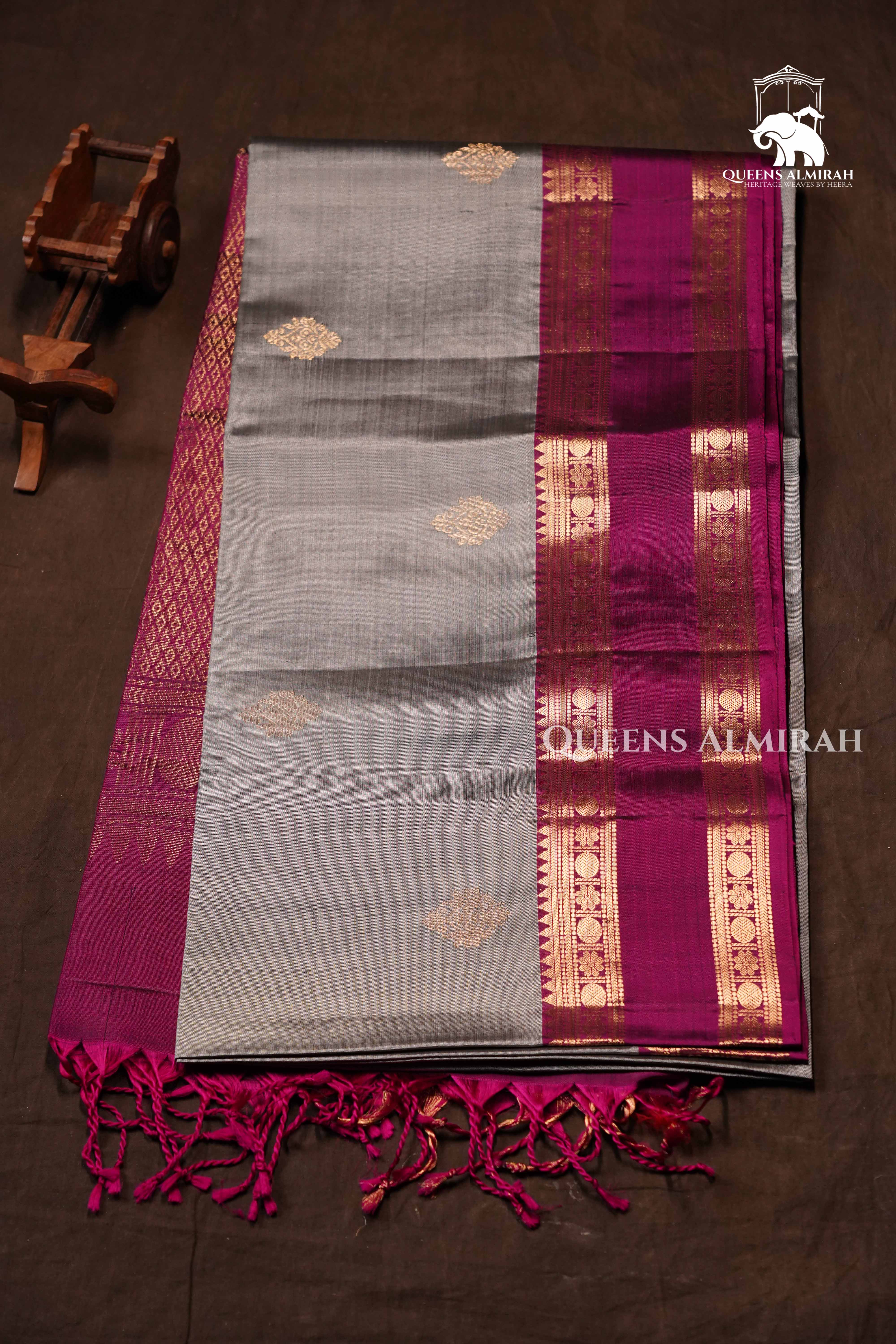 Ash Grey With Purple Pure Soft Silk Saree