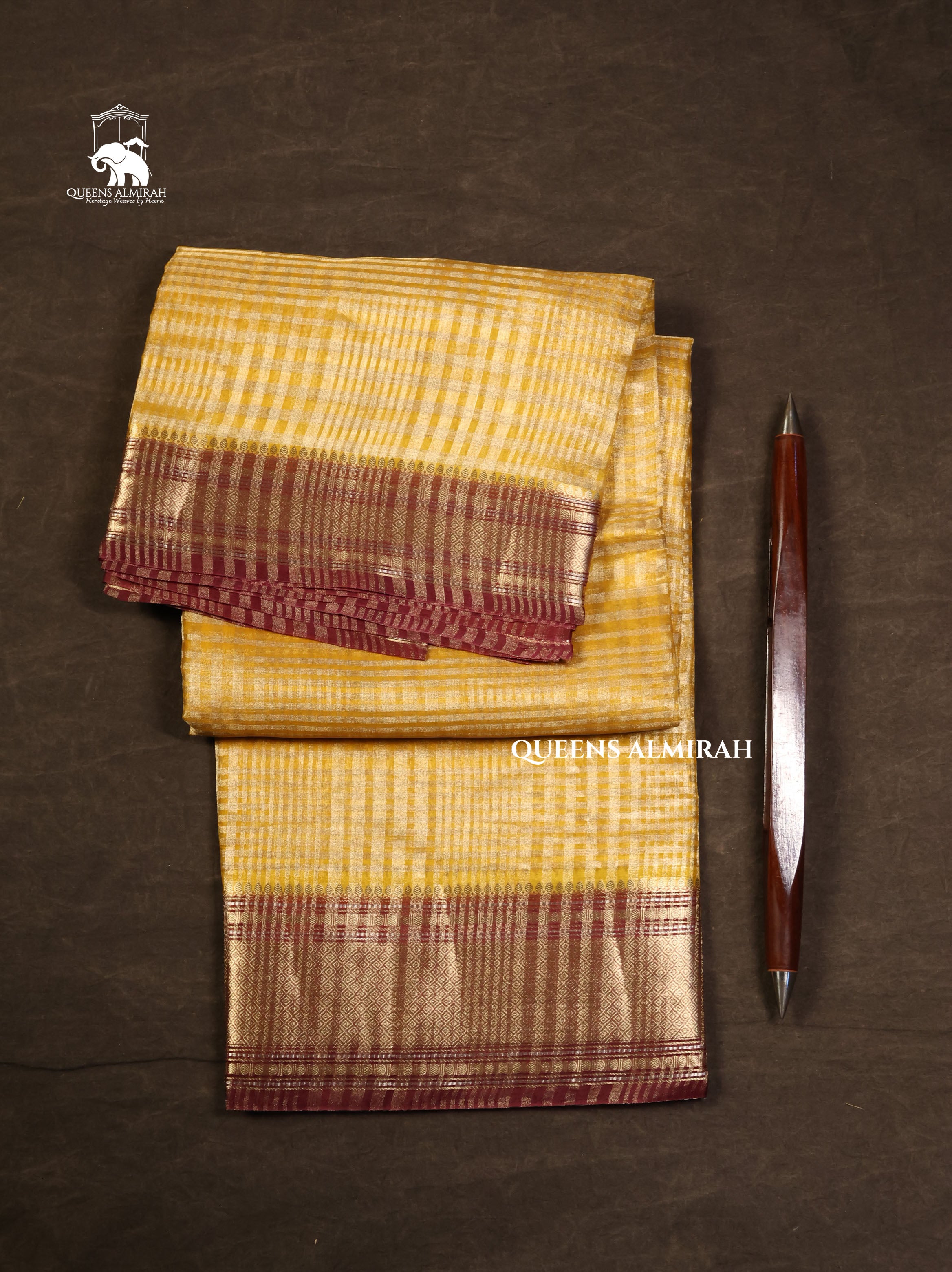 Yellow Checks With Maroon Border Chanderi Katan Silk Handloom Saree