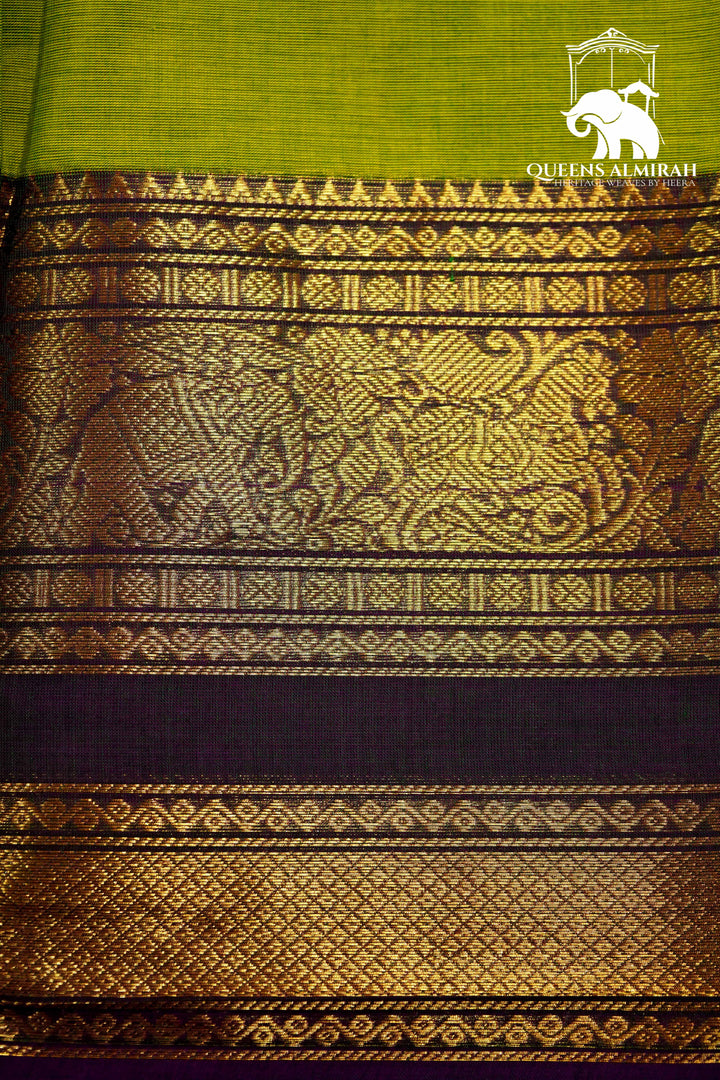 SALAD GREEN WITH GRAPE PURPLE KANCHI COTTON SAREE - Queens Jewel Emporium