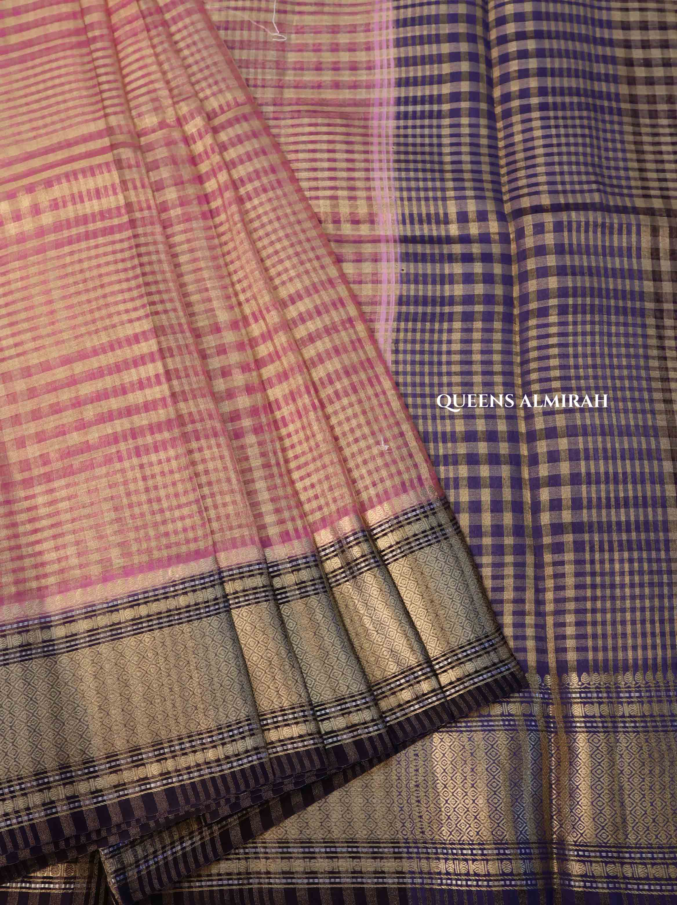 Pink Checks With Navy Blue Border Chanderi Katan Silk Handloom Saree