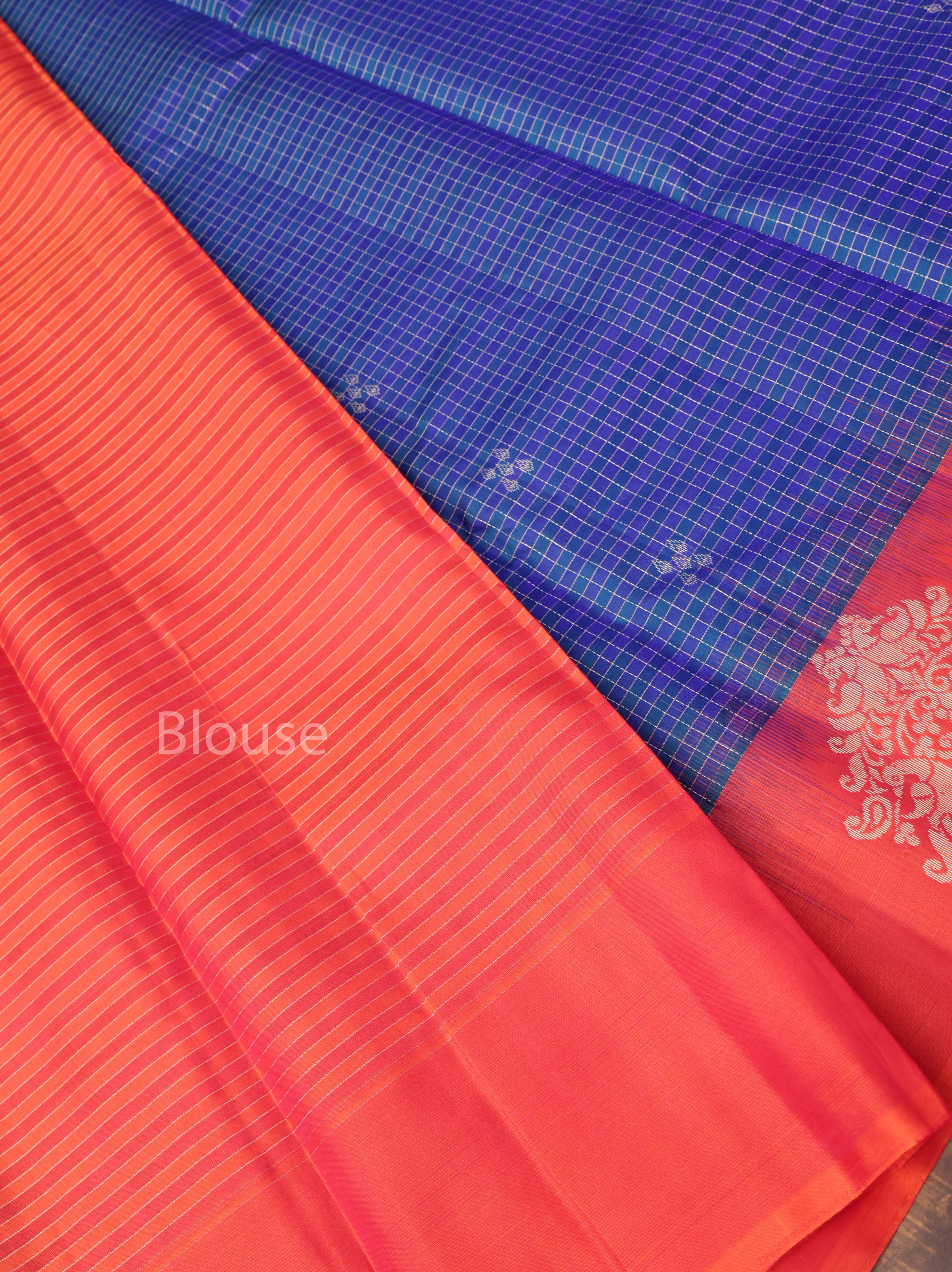 Peacock Blue With Tomato Red Pure Kanchivaram Silk Saree