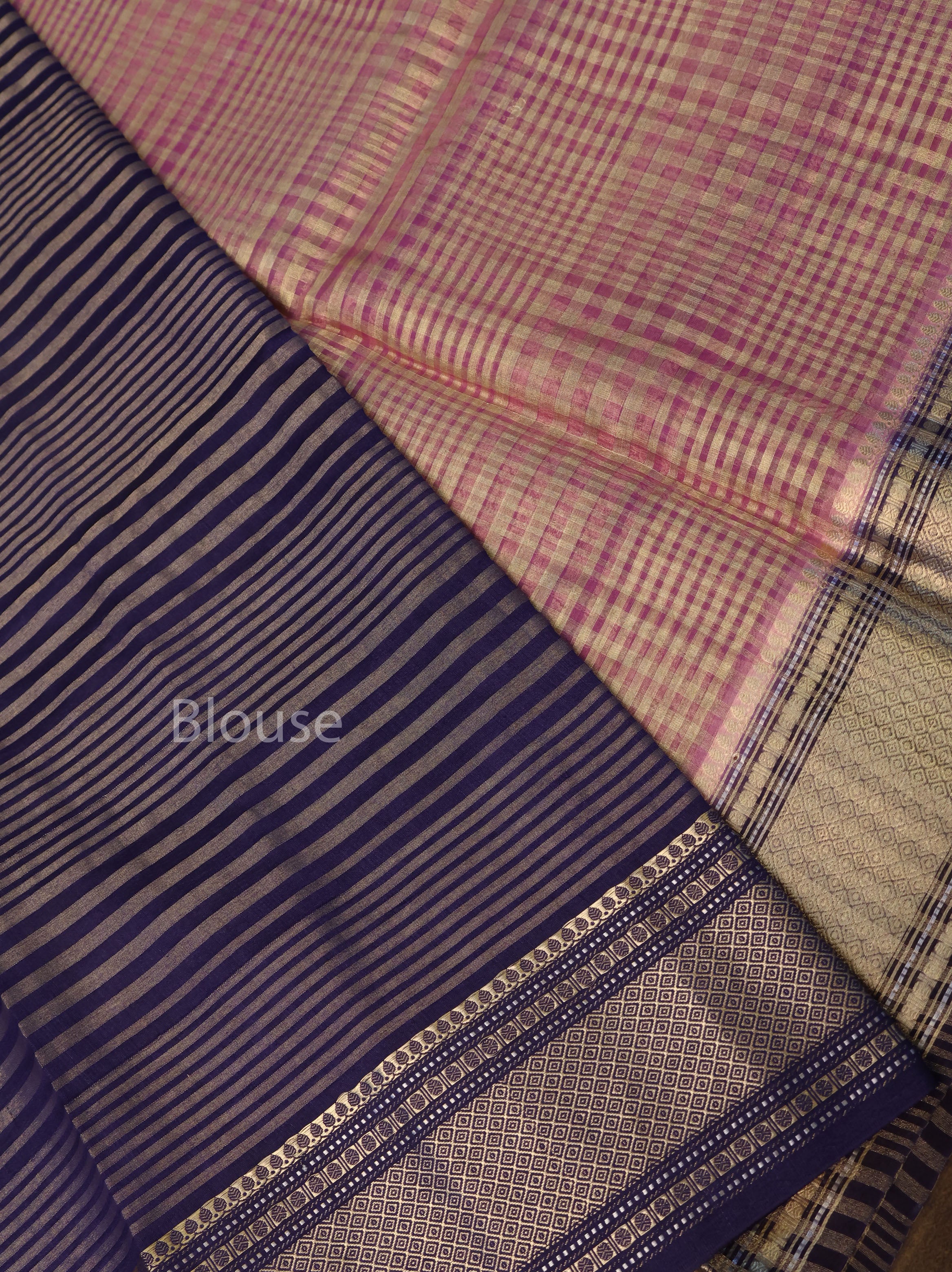 Pink Checks With Navy Blue Border Chanderi Katan Silk Handloom Saree