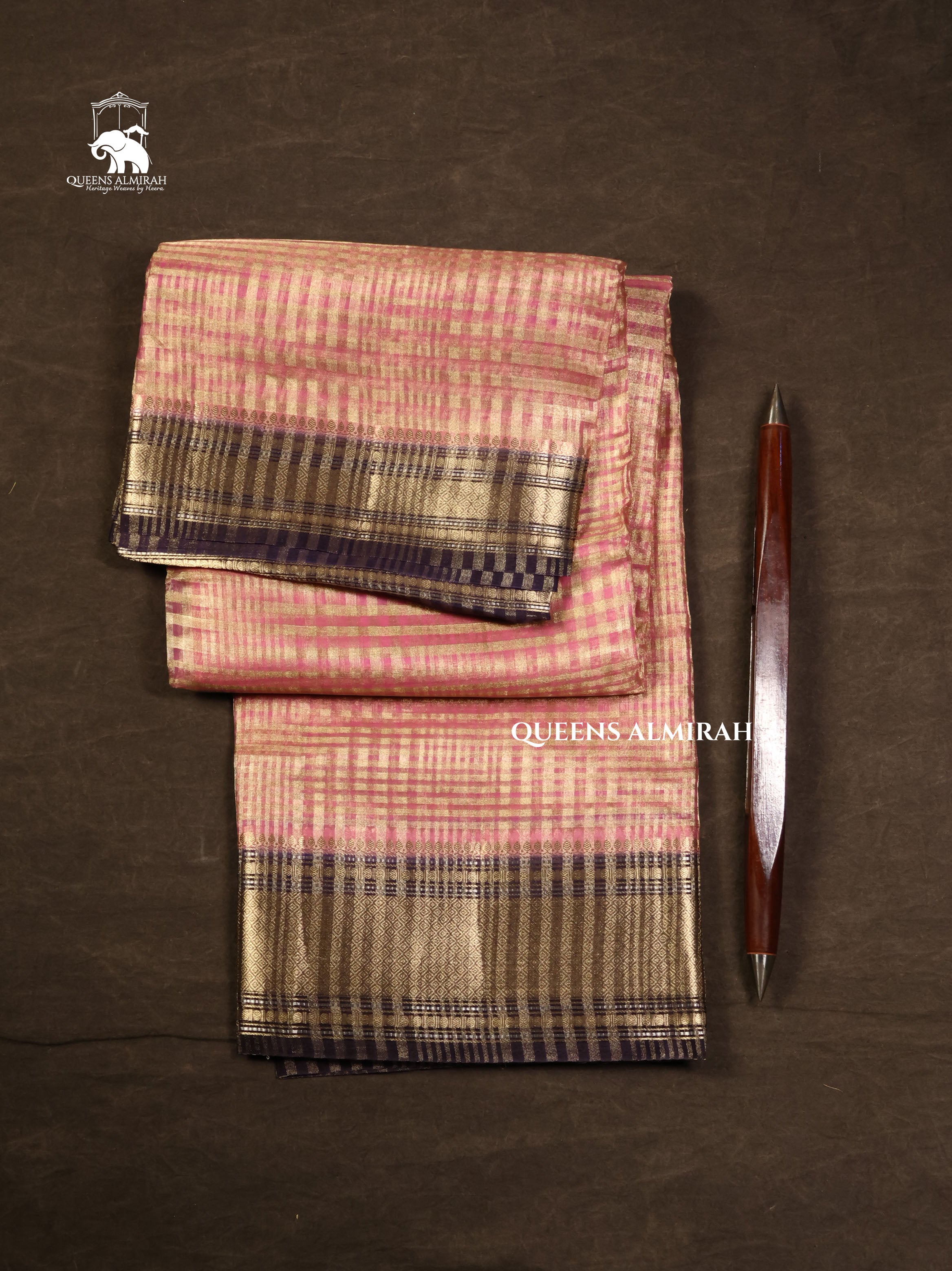 Pink Checks With Navy Blue Border Chanderi Katan Silk Handloom Saree