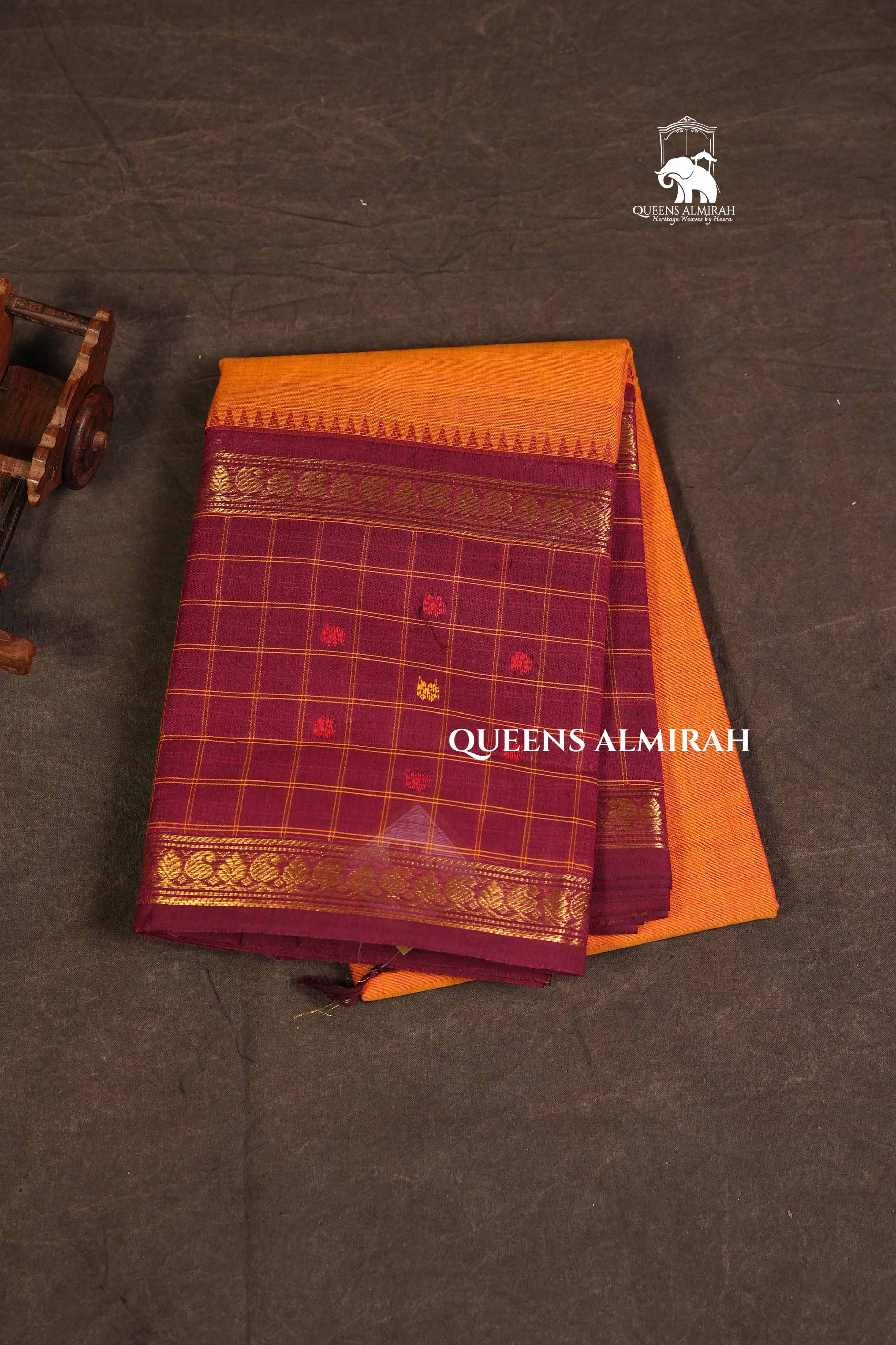 Yellow With Red Long Checked Border Kanchi Cotton Saree