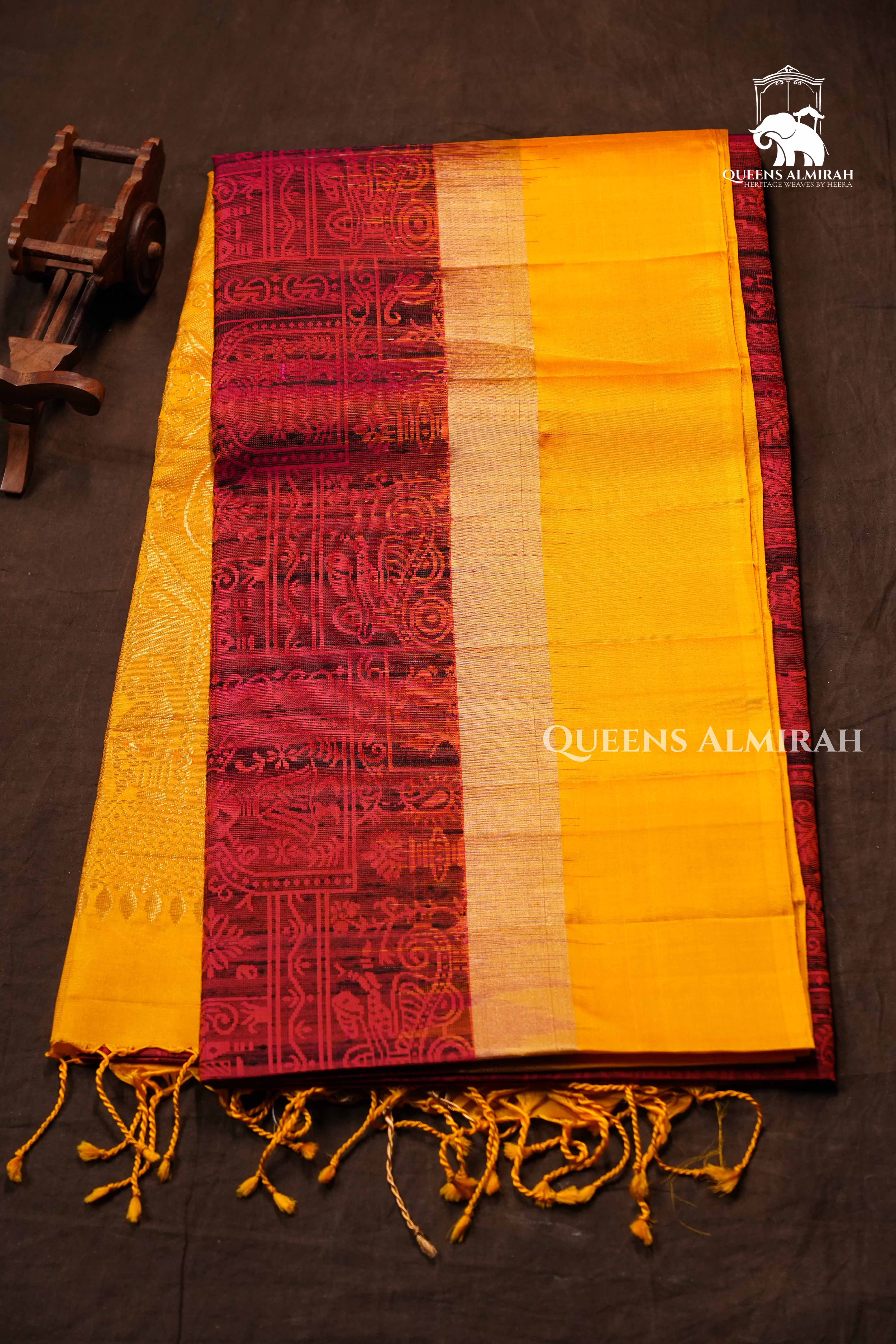Dark Orange With Mango Yellow Dupion Silk Saree