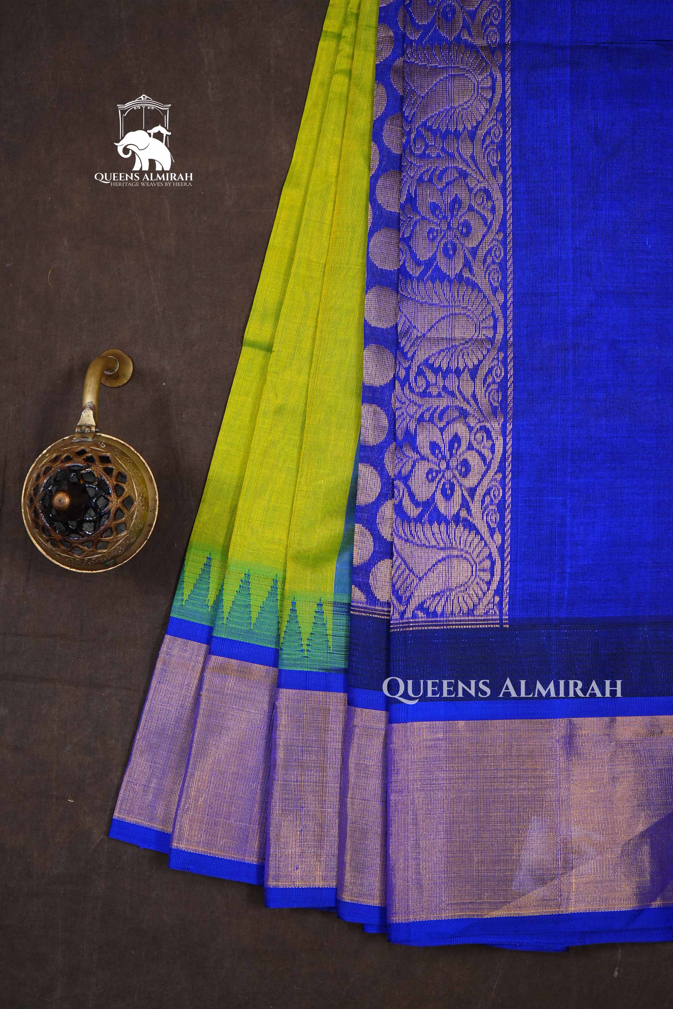 Parrot Green With Royal Blue Pure Kanchi Silk Cotton Saree