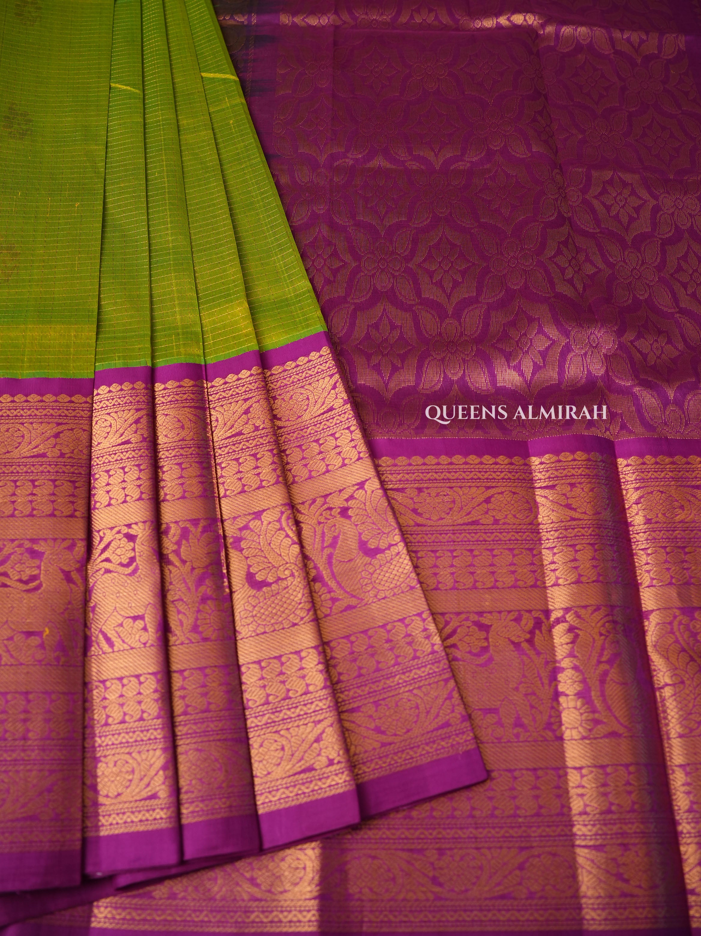 Parrot Green With Purple Pure Silk Cotton Saree