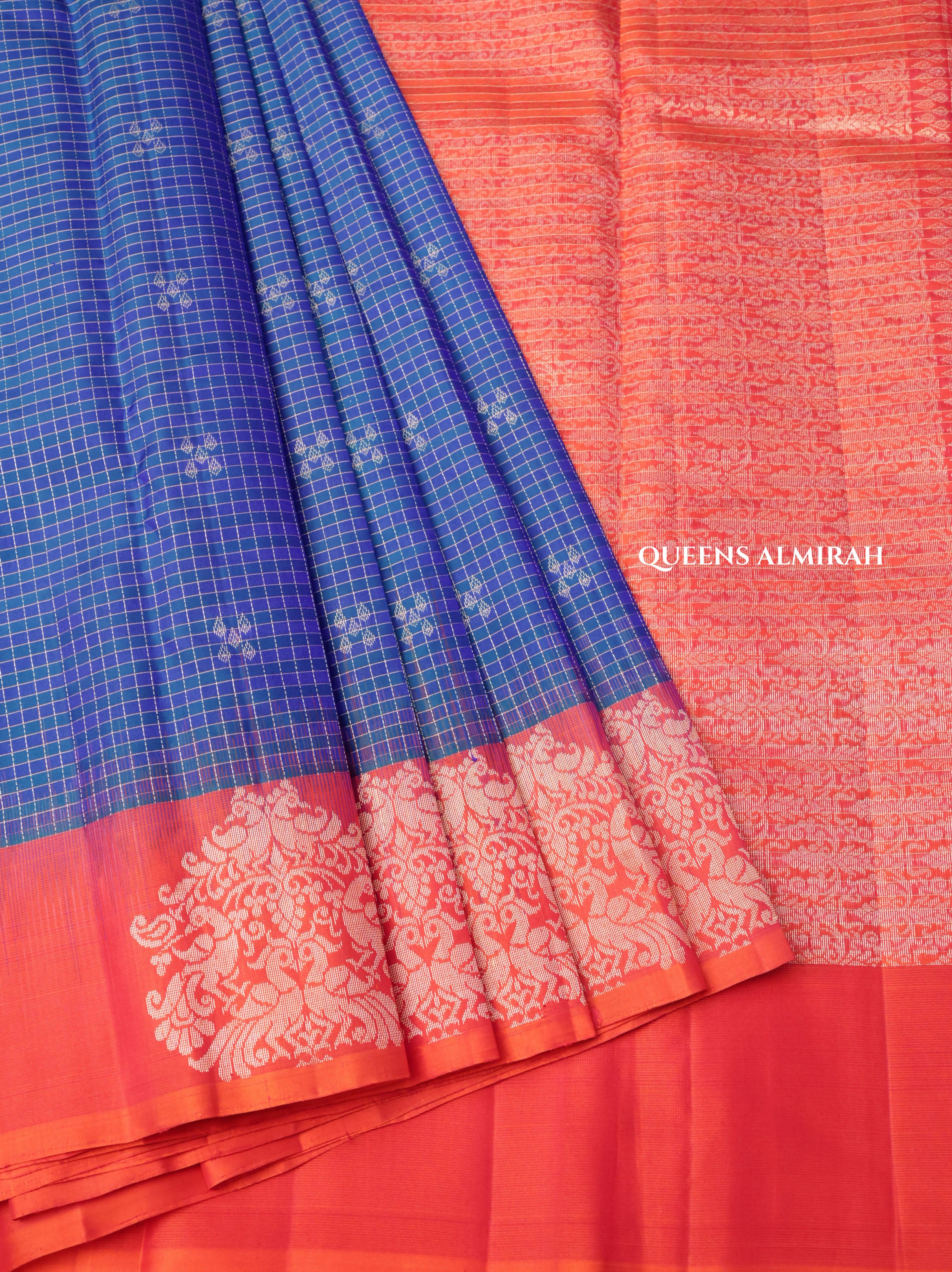 Peacock Blue With Tomato Red Pure Kanchivaram Silk Saree