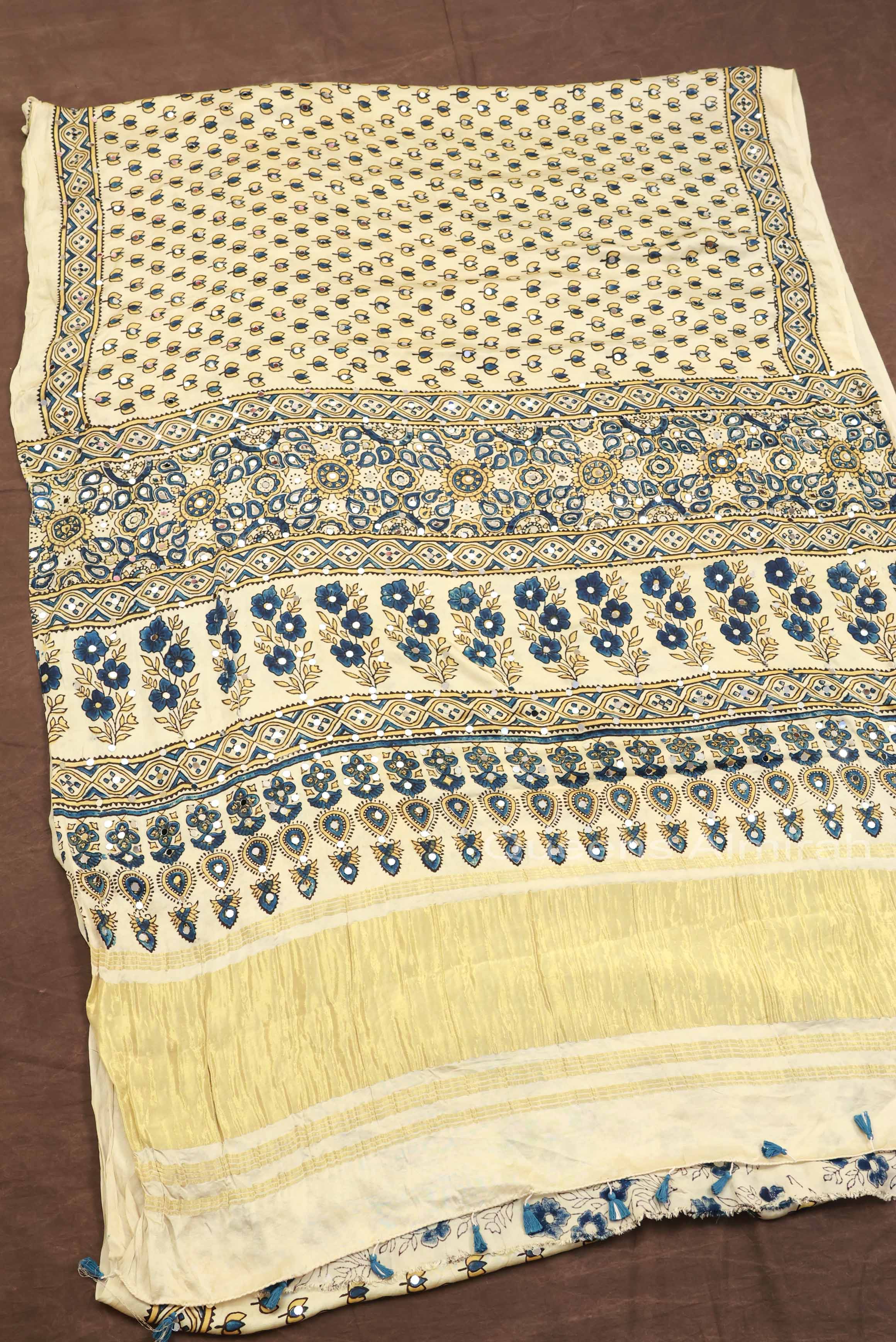 Off White Lotus Motif Mirror Work Ajrakh Modal Silk Saree
