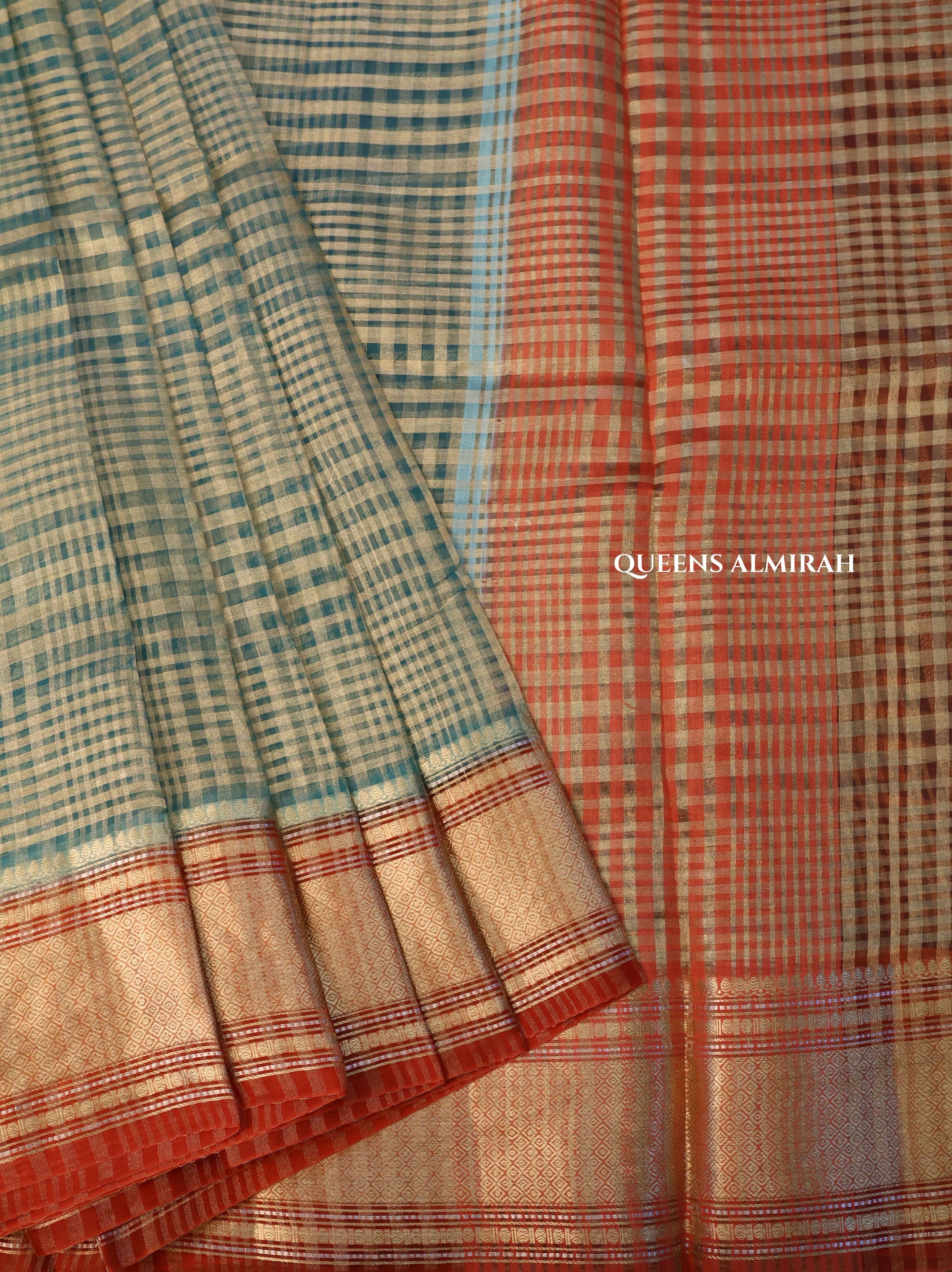 Green Checks With Orange Border Chanderi Katan Silk Handloom Saree