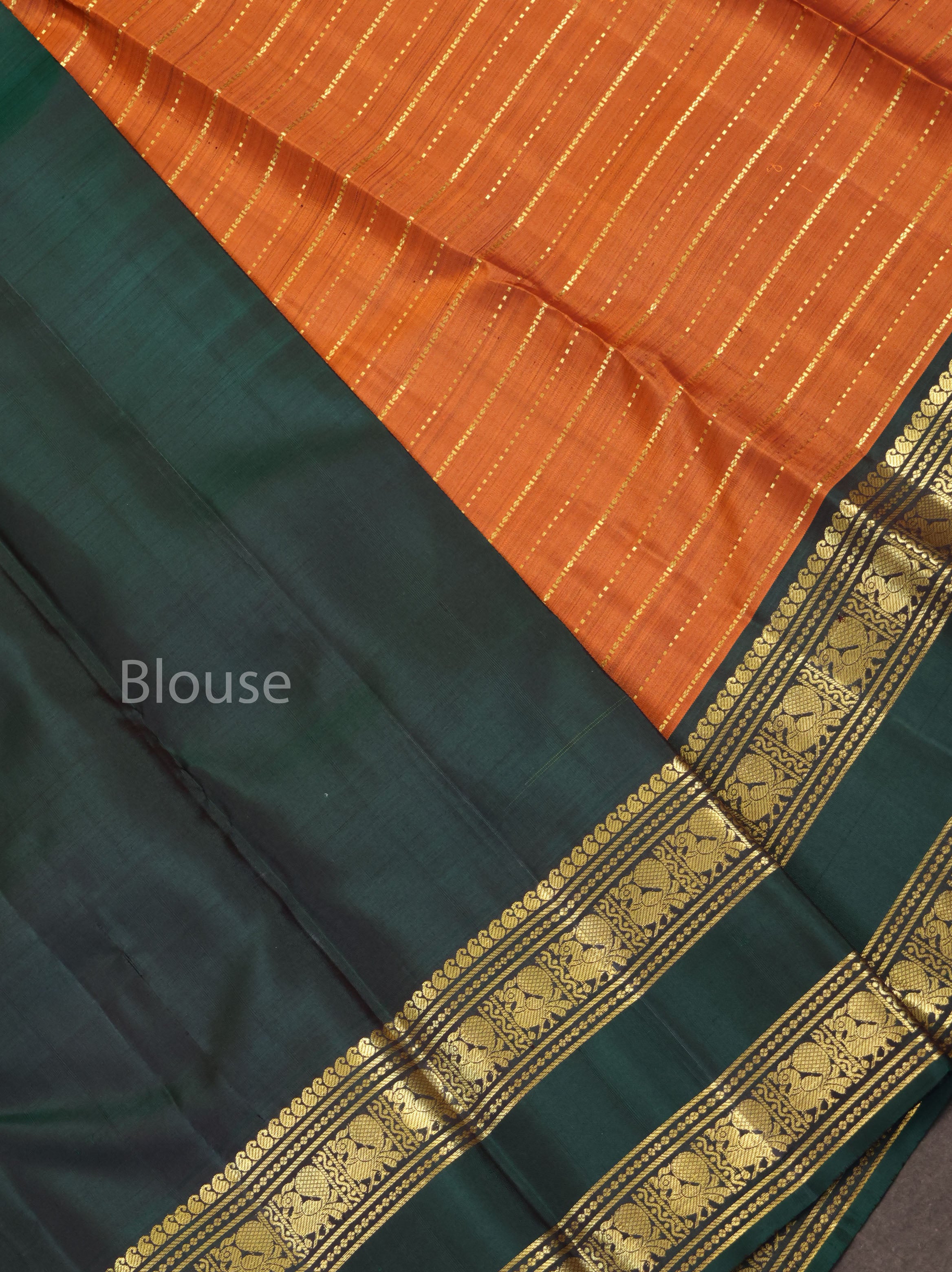 Honey Brown With Dark Bottle Green Pure Kanchivaram Silk Saree