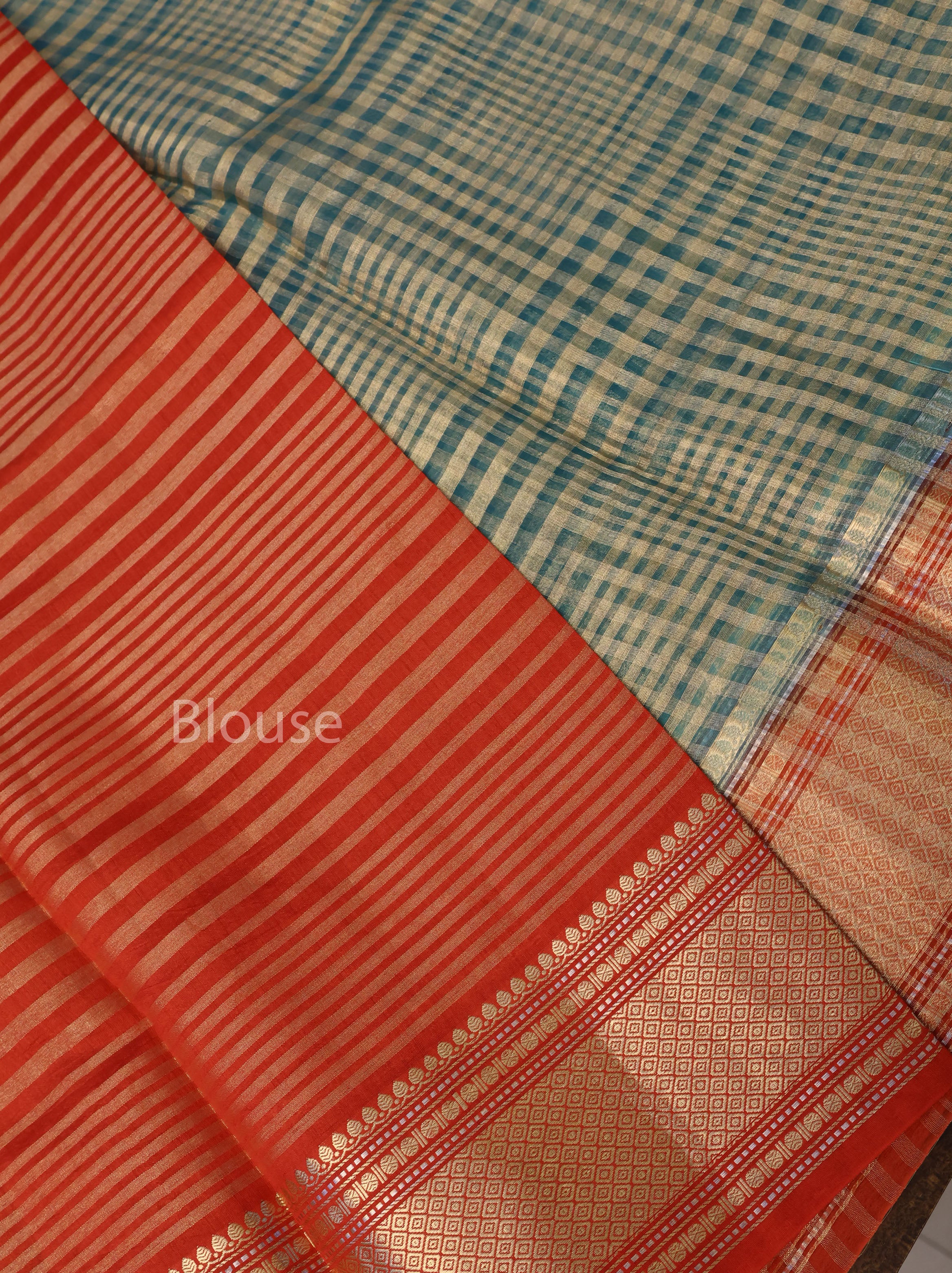 Green Checks With Orange Border Chanderi Katan Silk Handloom Saree