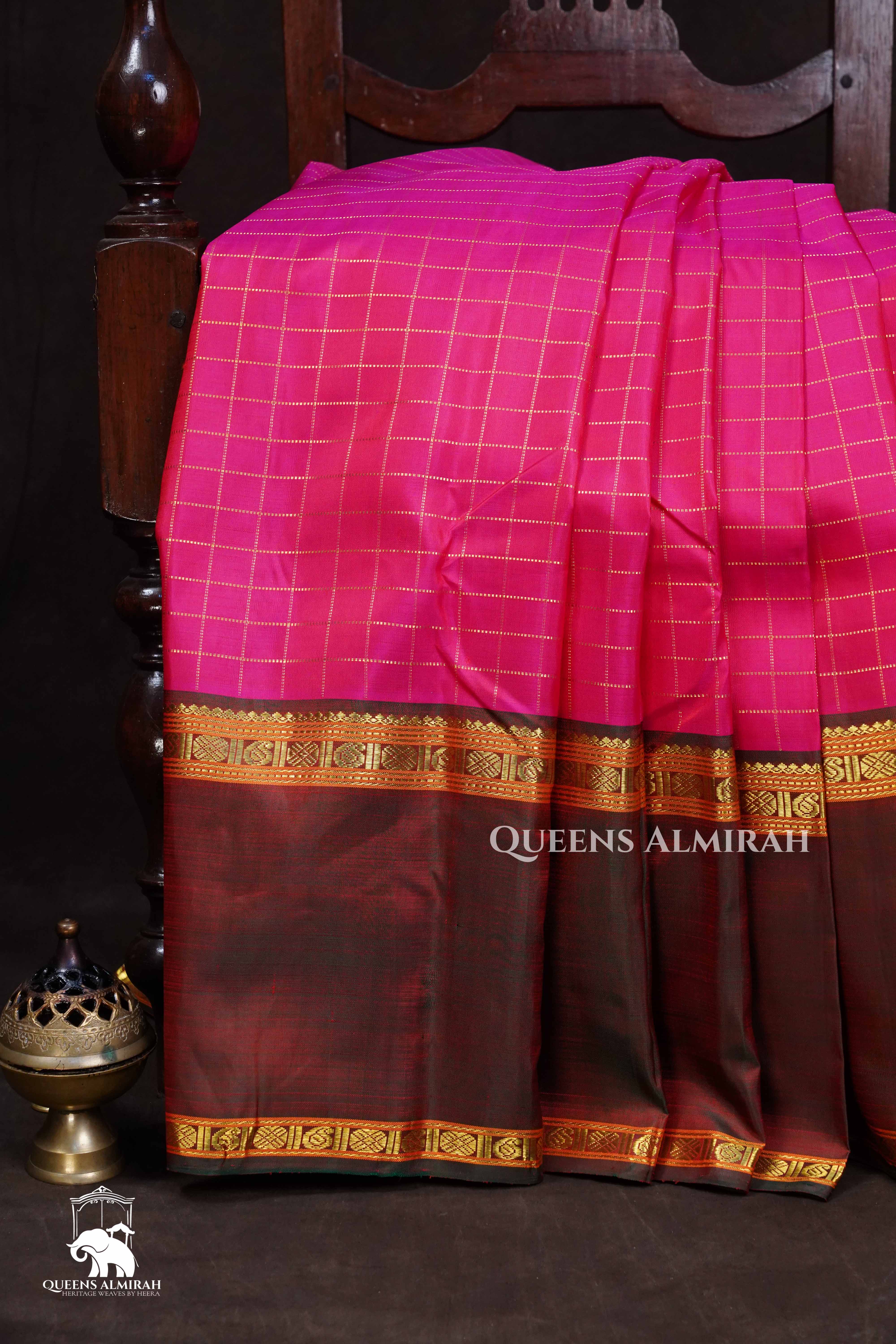 Magenta Pink With Long Ganga Jamuna Border Pure Kanchivaram Silk Saree