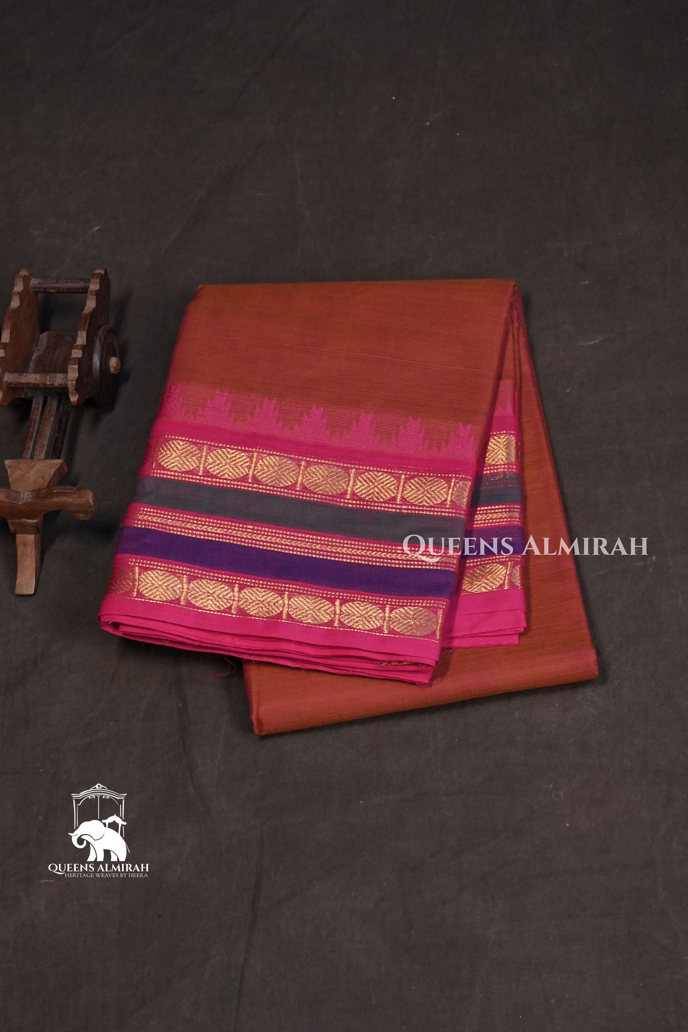 Rust Brown with Rose Pink Kanchi Cotton Saree