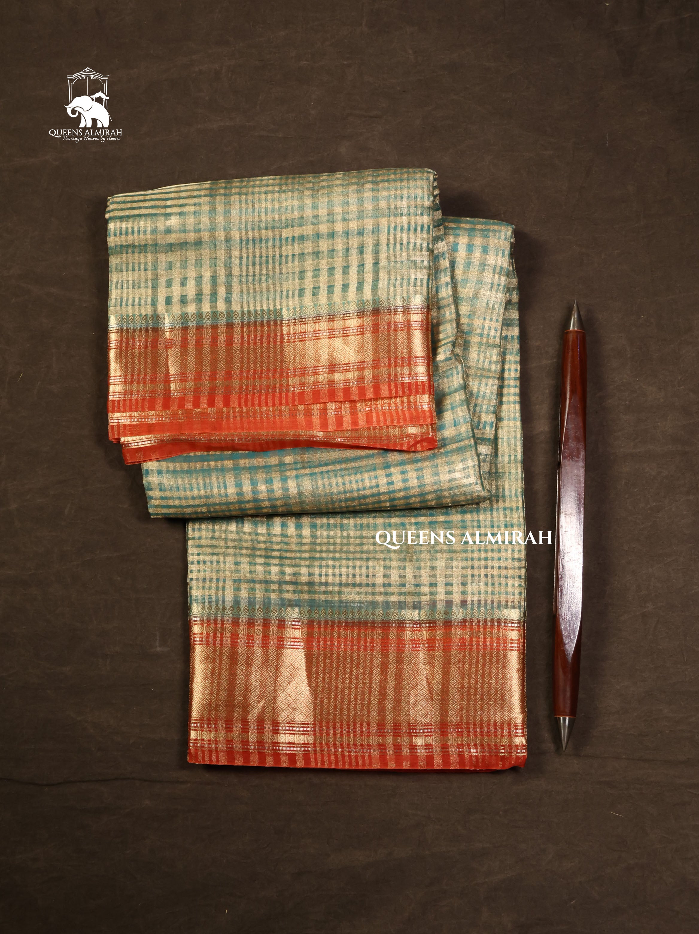 Green Checks With Orange Border Chanderi Katan Silk Handloom Saree