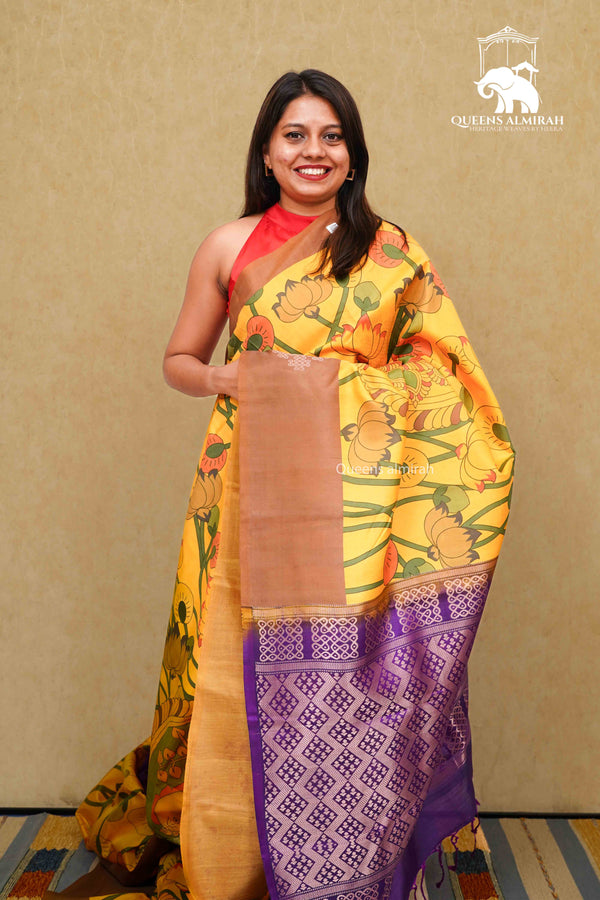 MANGO YELLOW WITH COCOA BROWN KANCHIVARAM SILK SAREE - Queens Jewel Emporium