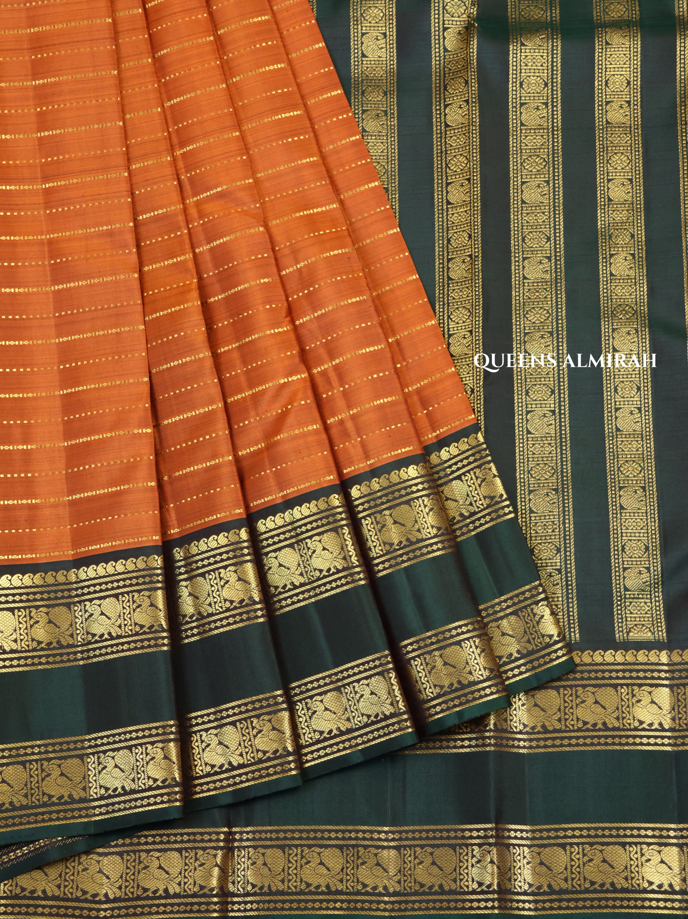 Honey Brown With Dark Bottle Green Pure Kanchivaram Silk Saree