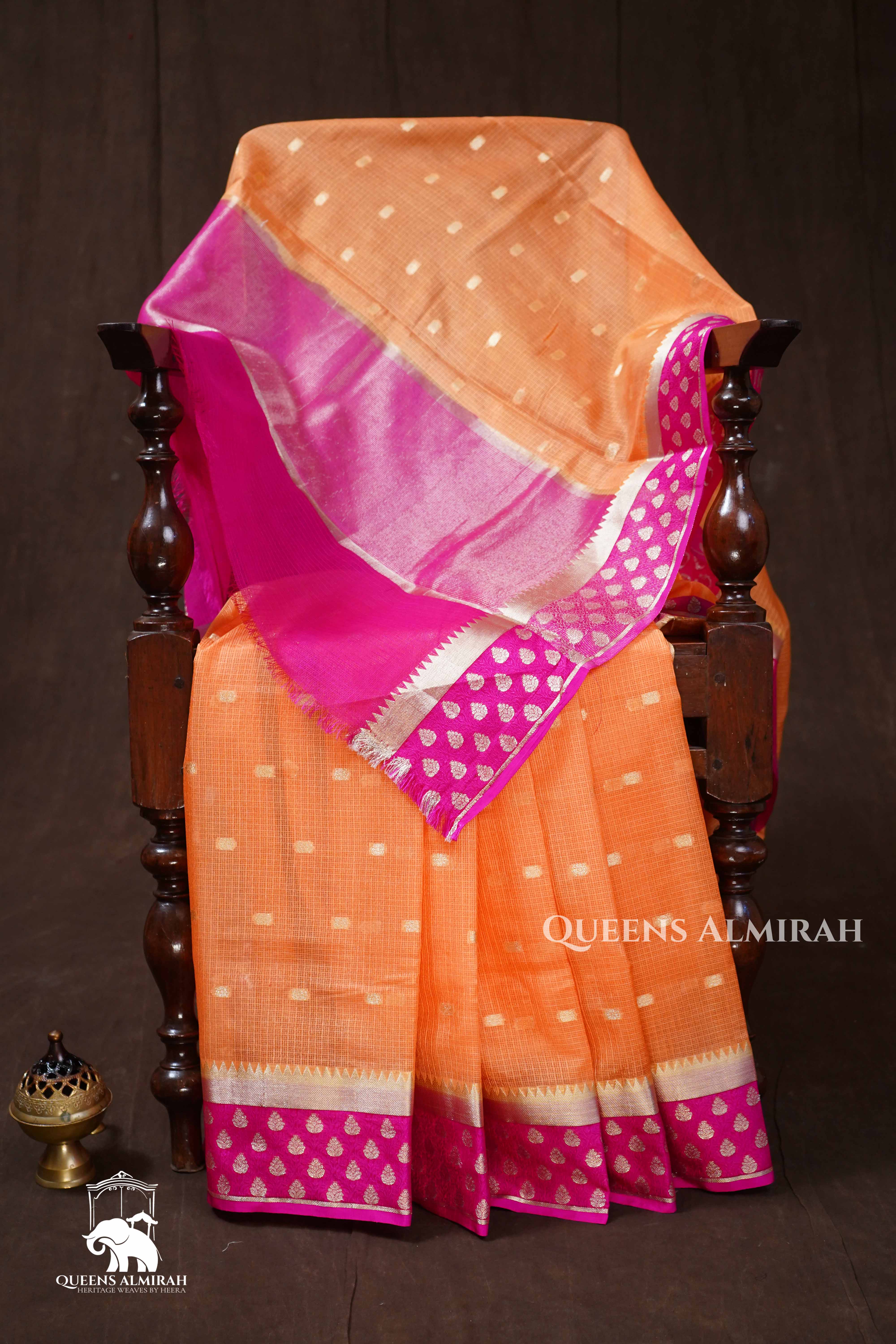 Peach With Magenta Pink Semi Kota Silk Cotton Saree