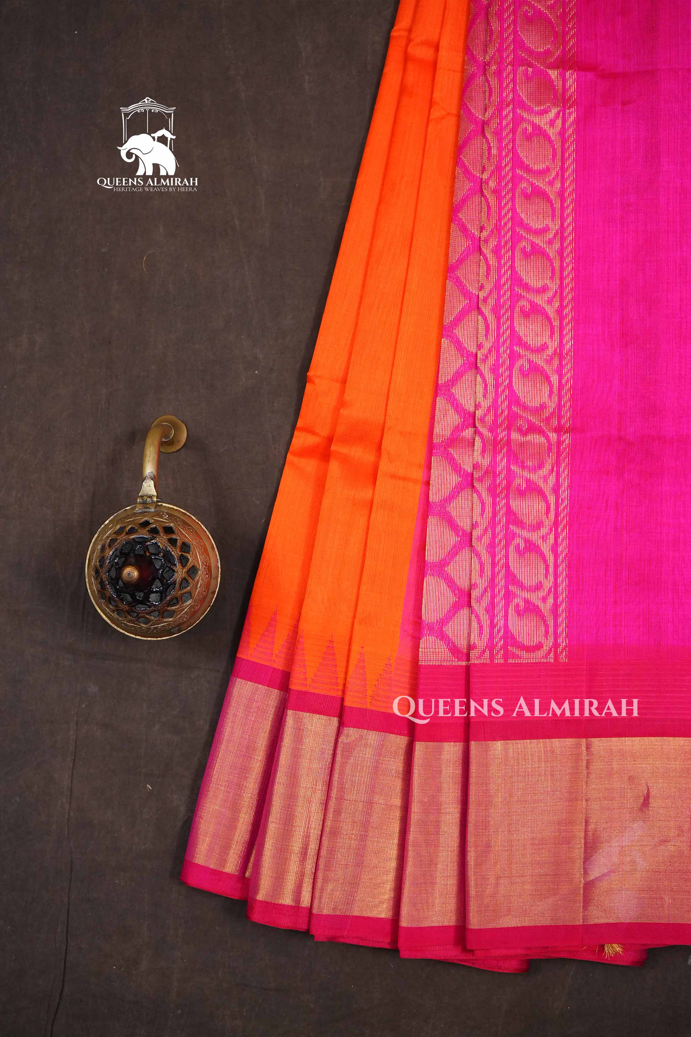 Orange With Rani Pink Pure Kanchi Silk Cotton Saree