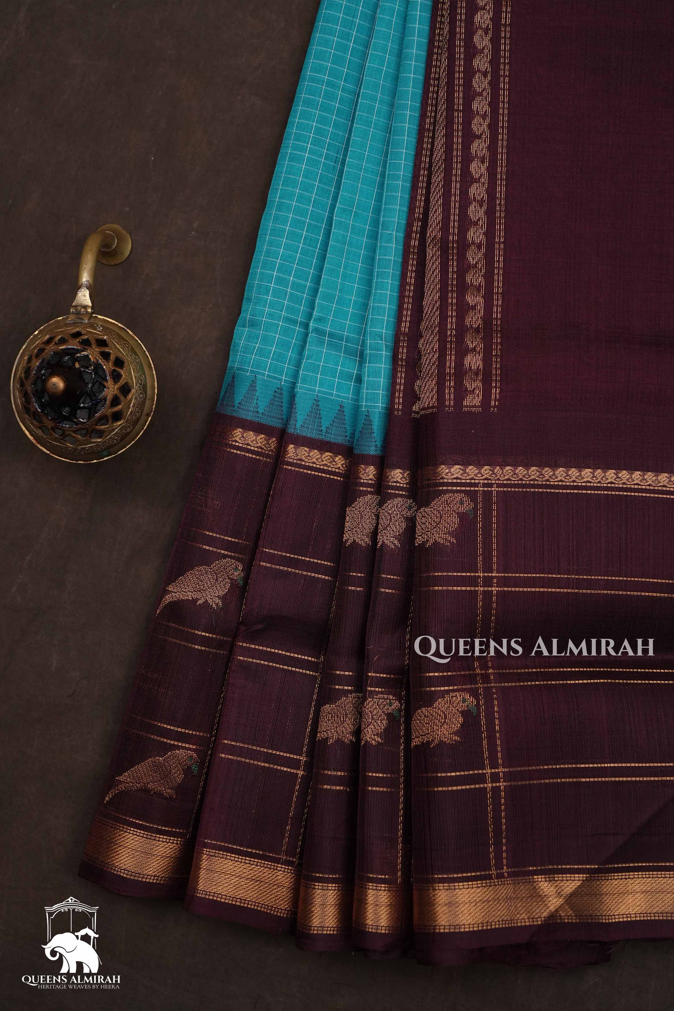 Sea Blue With Cocoa Bean Pure Kanchi Silk Cotton Saree