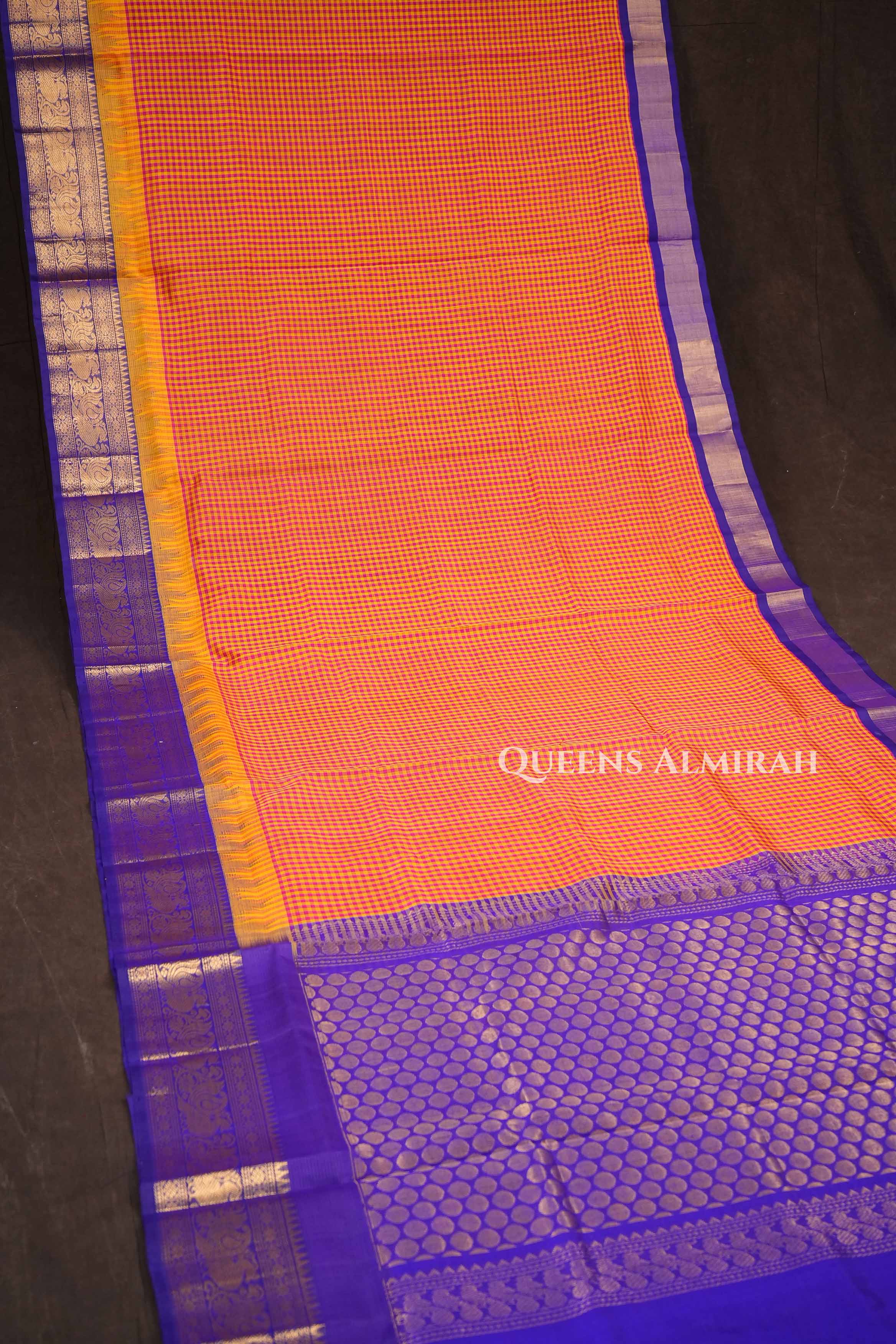 Orange Checked With Purple Pure Silk Cotton Saree