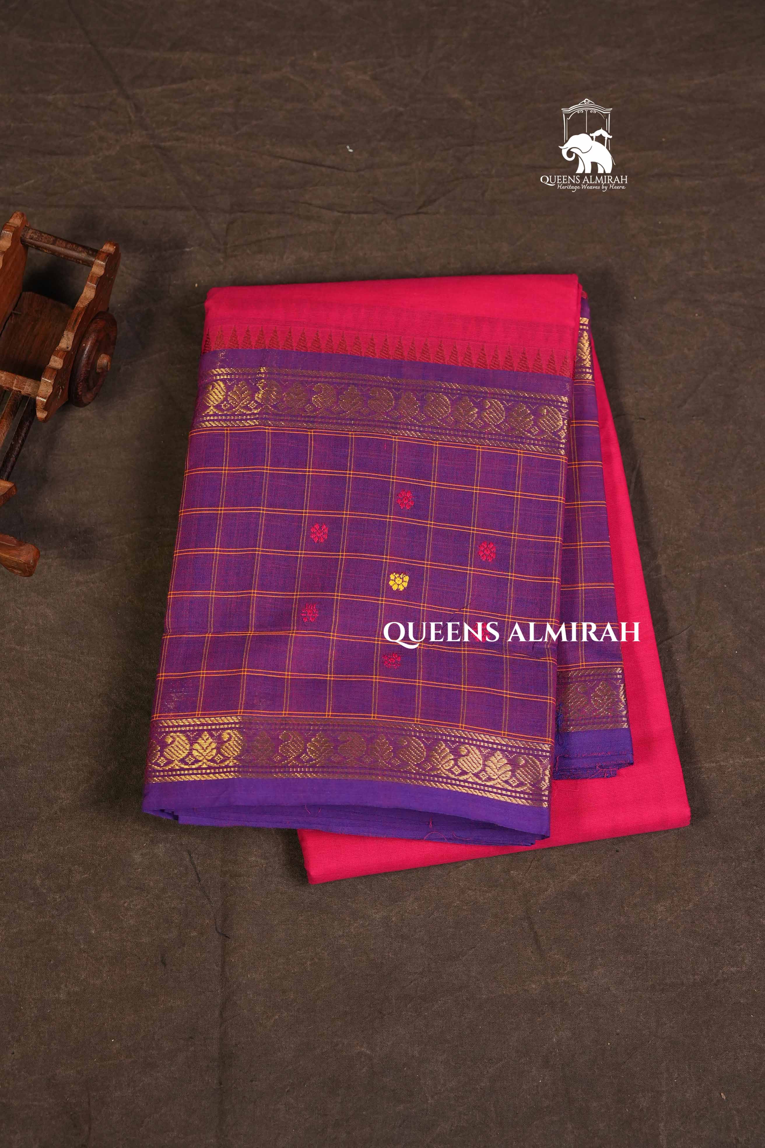 Rani Pink With Purple Long Checked Border Kanchi Cotton Saree
