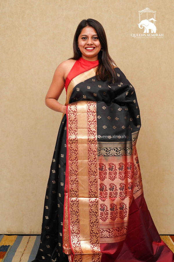 BLACK WITH DARK MAROON SOFT SILK SAREE - Queens Jewel Emporium
