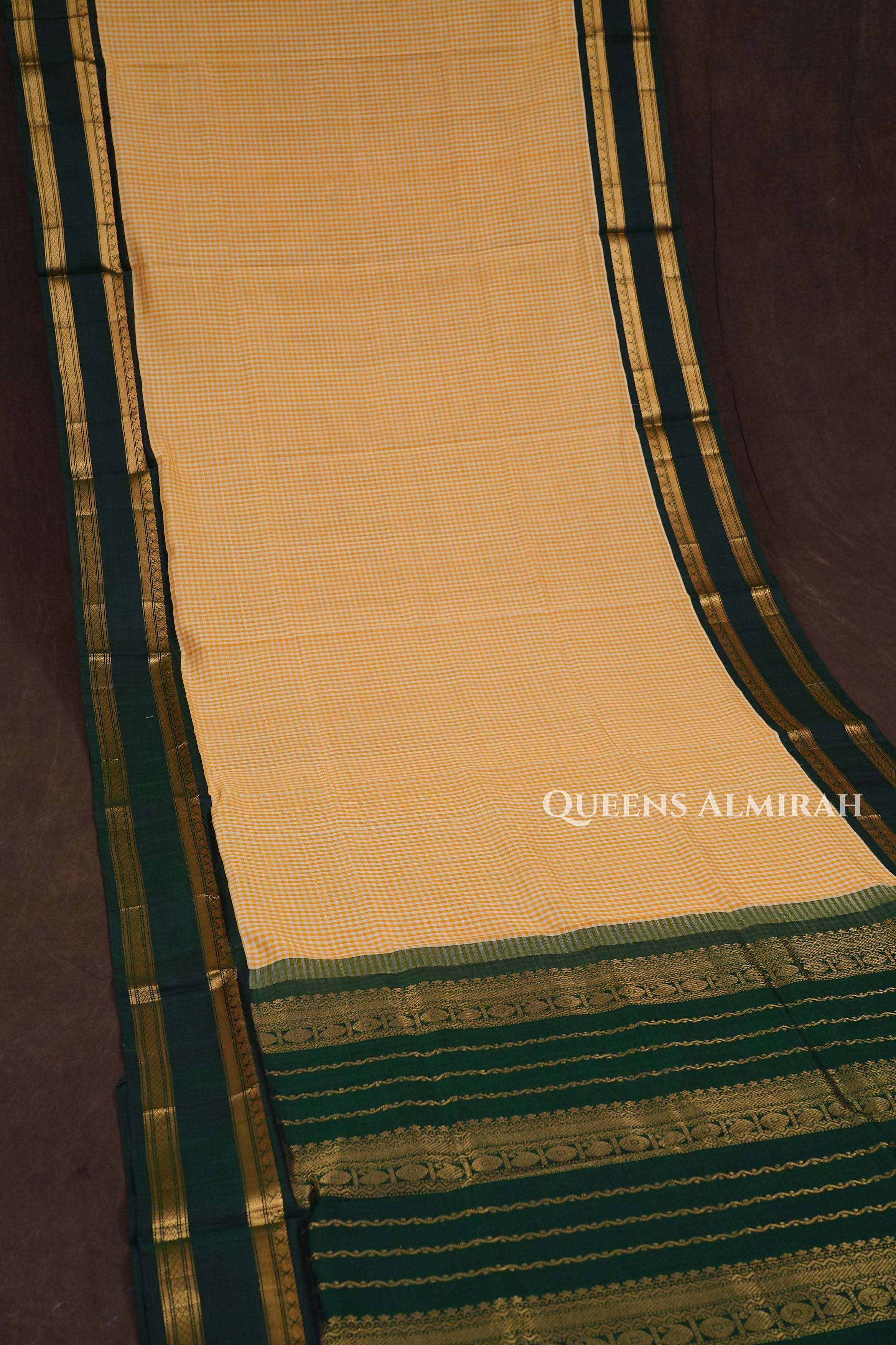 Yellow Checked With Green Pure Silk Cotton Saree