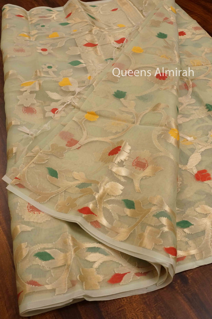 SANDAL MUSLIN JAMDANI SAREE - Queens Jewel Emporium
