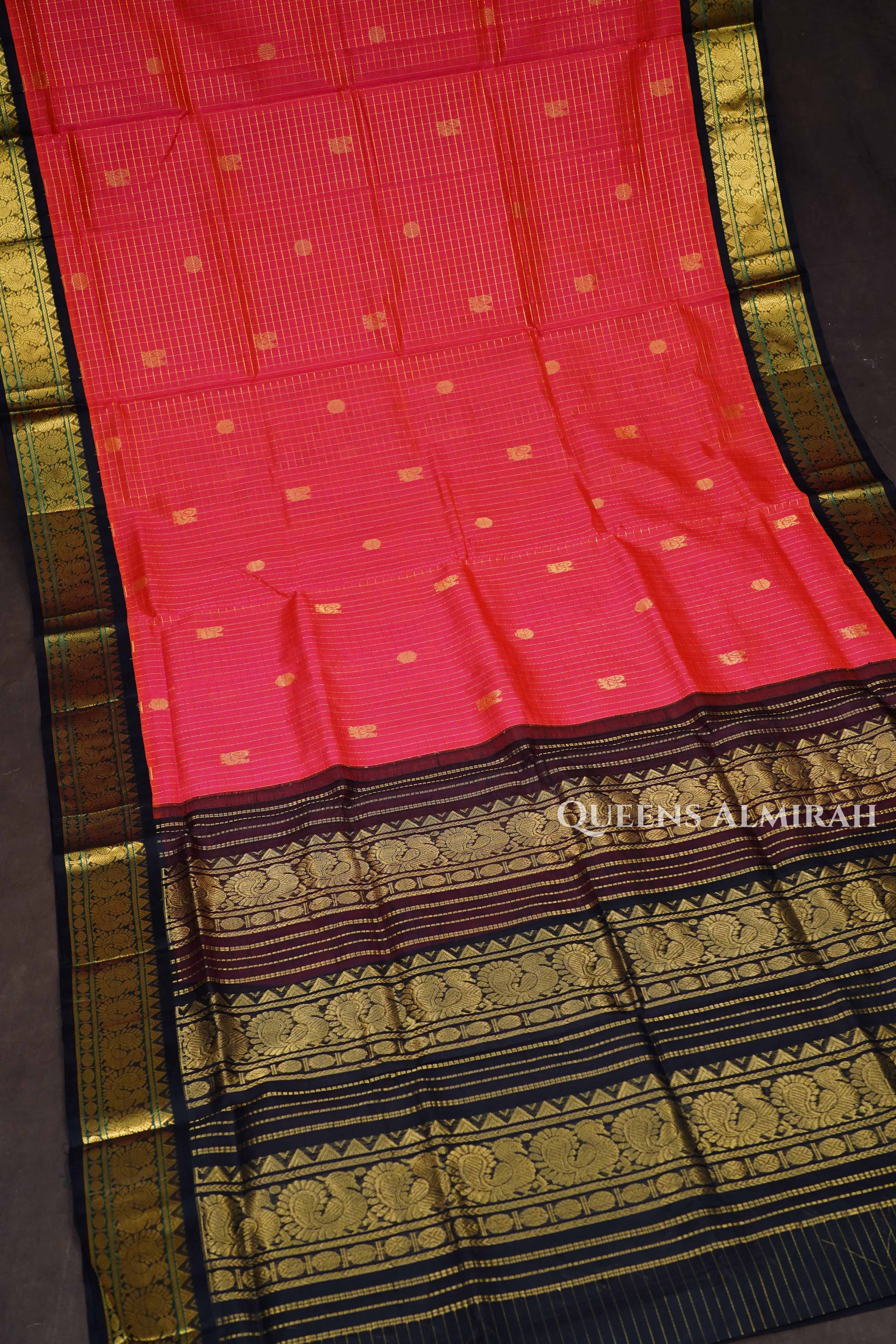 Coral Red With Black Pure Silk Cotton Saree
