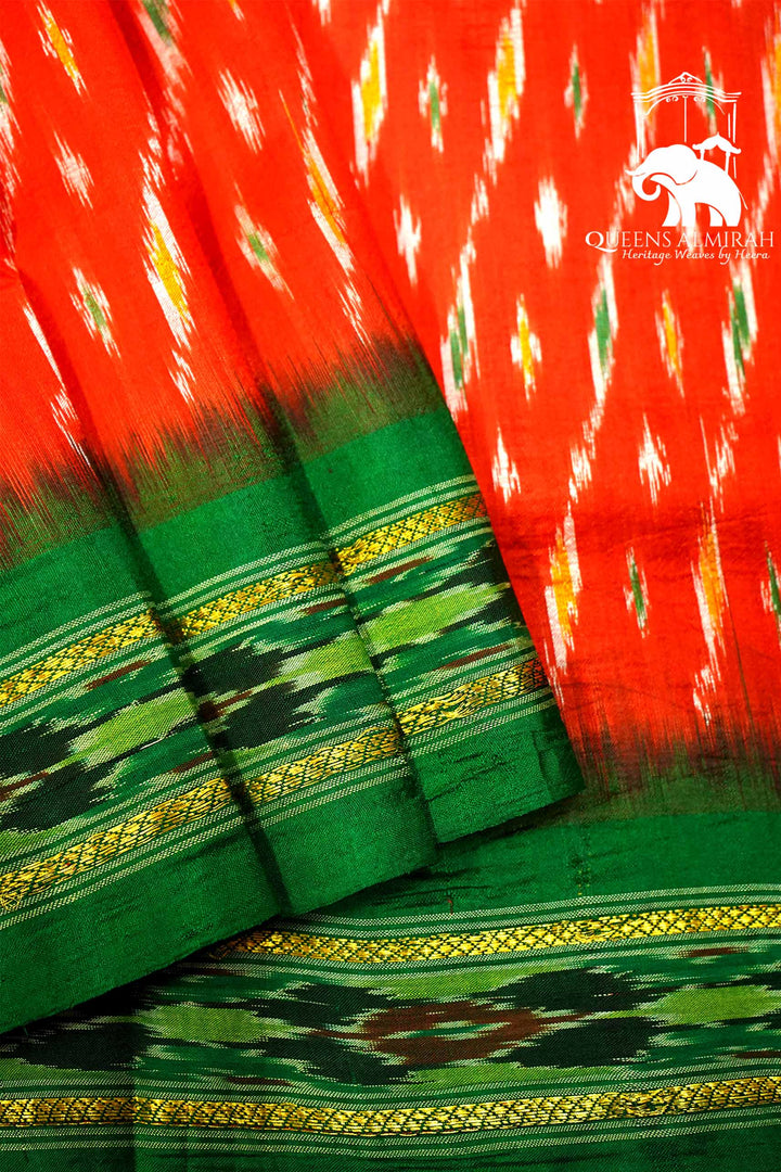 REDISH ORANGE WITH TEA GREEN MULBERRY SILK SAREE - Queens Jewel Emporium