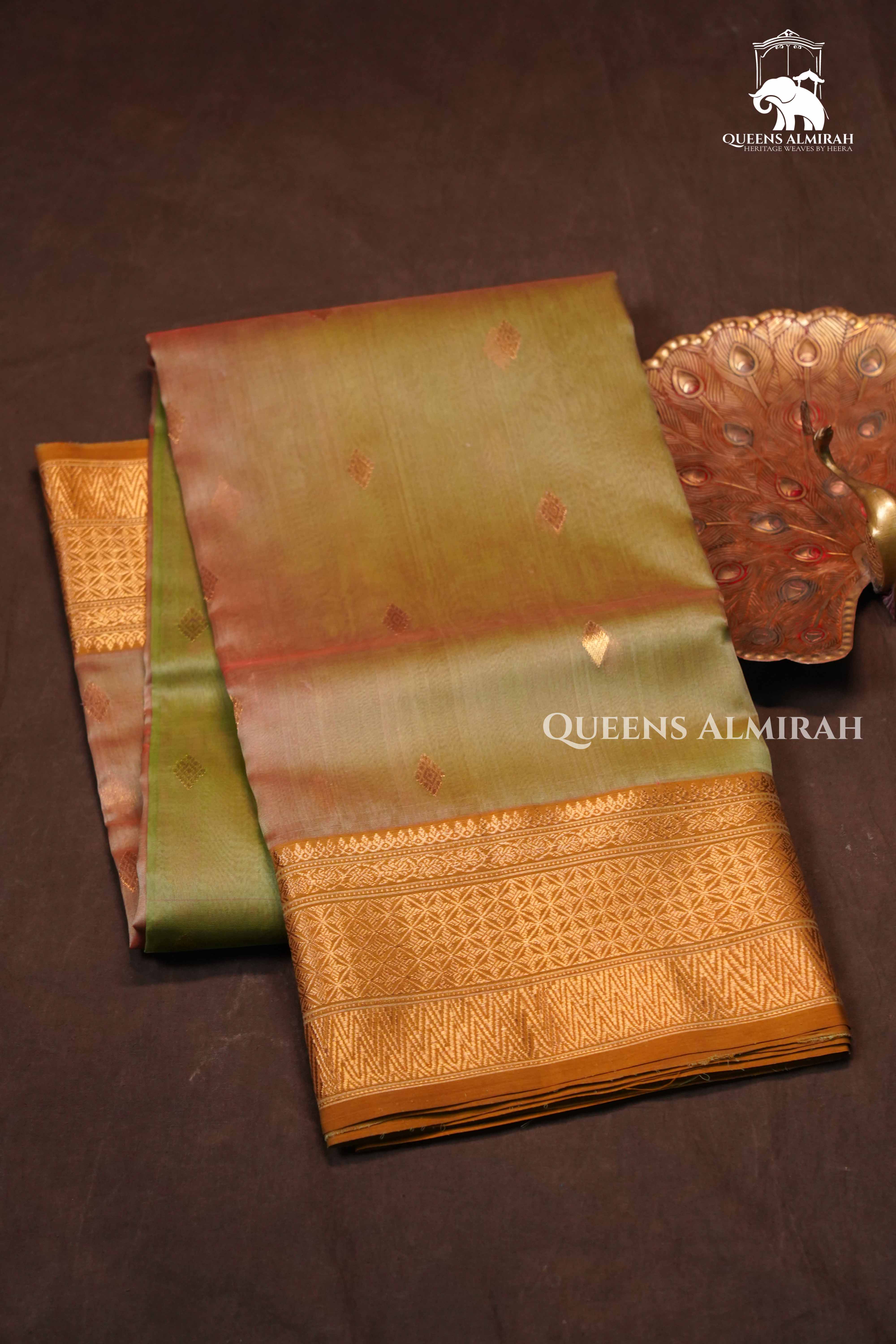 Olive Green With Red Chanderi Katan Silk Handloom Saree