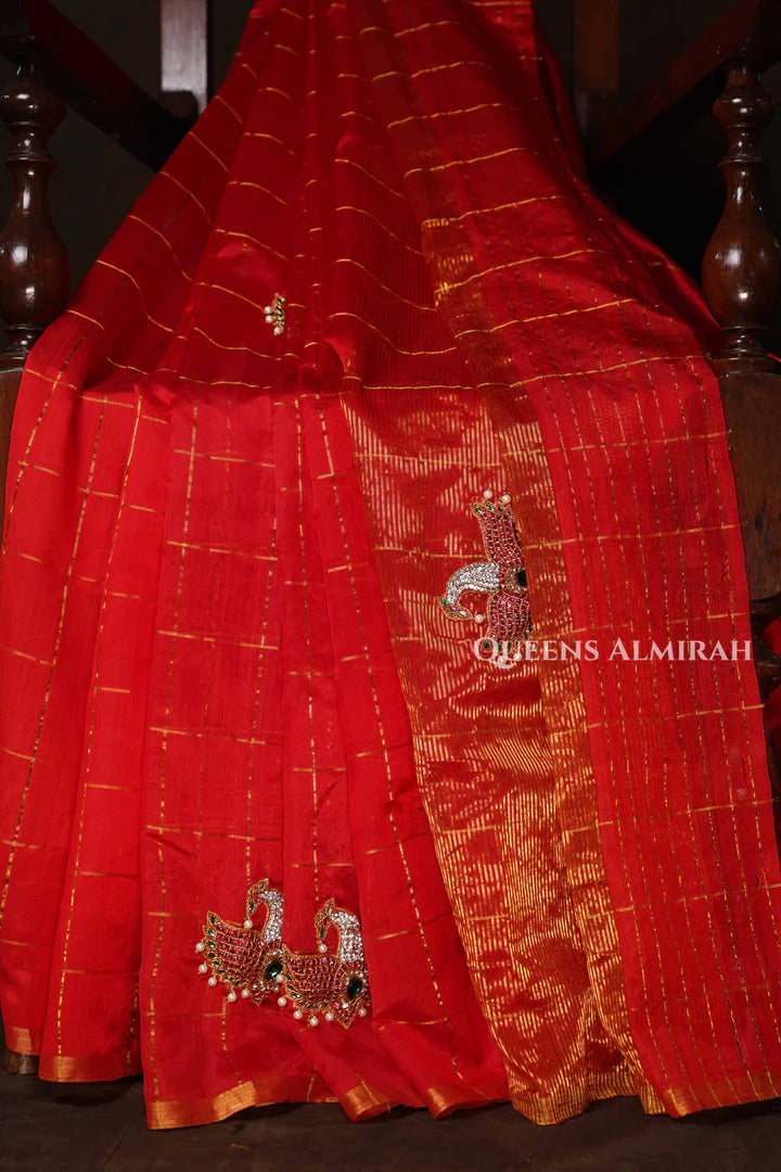 Red Maya Pakshi Designer Pure Chanderi Silk Saree
