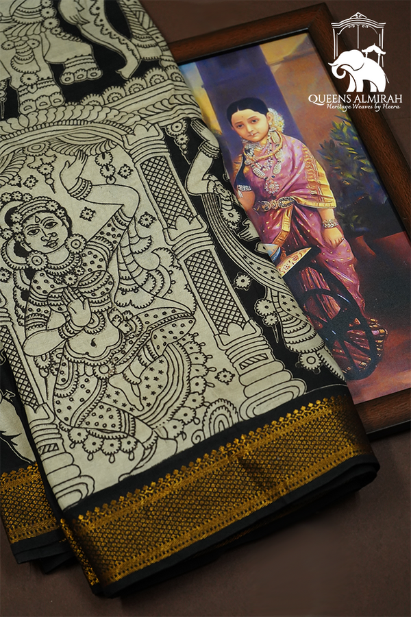 BLACK  WITH  GOLDEN BORDER MANGALGIRI SAREE - Queens Jewel Emporium