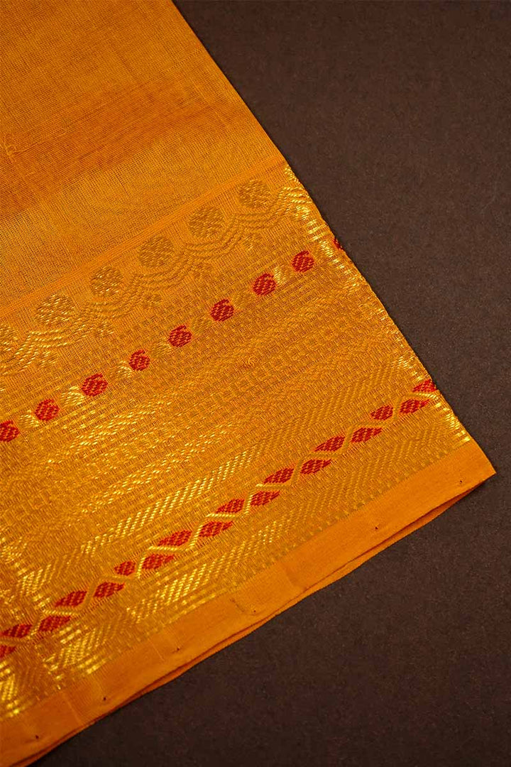 PURE KANCHI SILK COTTON - GRAND LEAF GREEN WITH MUSTARD YELLOW - Queens Jewel Emporium