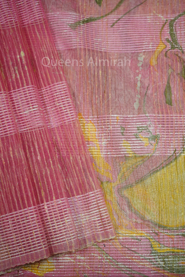 TULIP PINK MARBLE PRINT GHICHA ORAGANZA SAREE - Queens Jewel Emporium