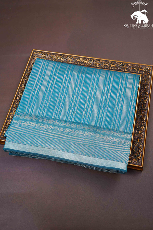 WATER BLUE BANARASI SILK COTTON SAREE - Queens Jewel Emporium