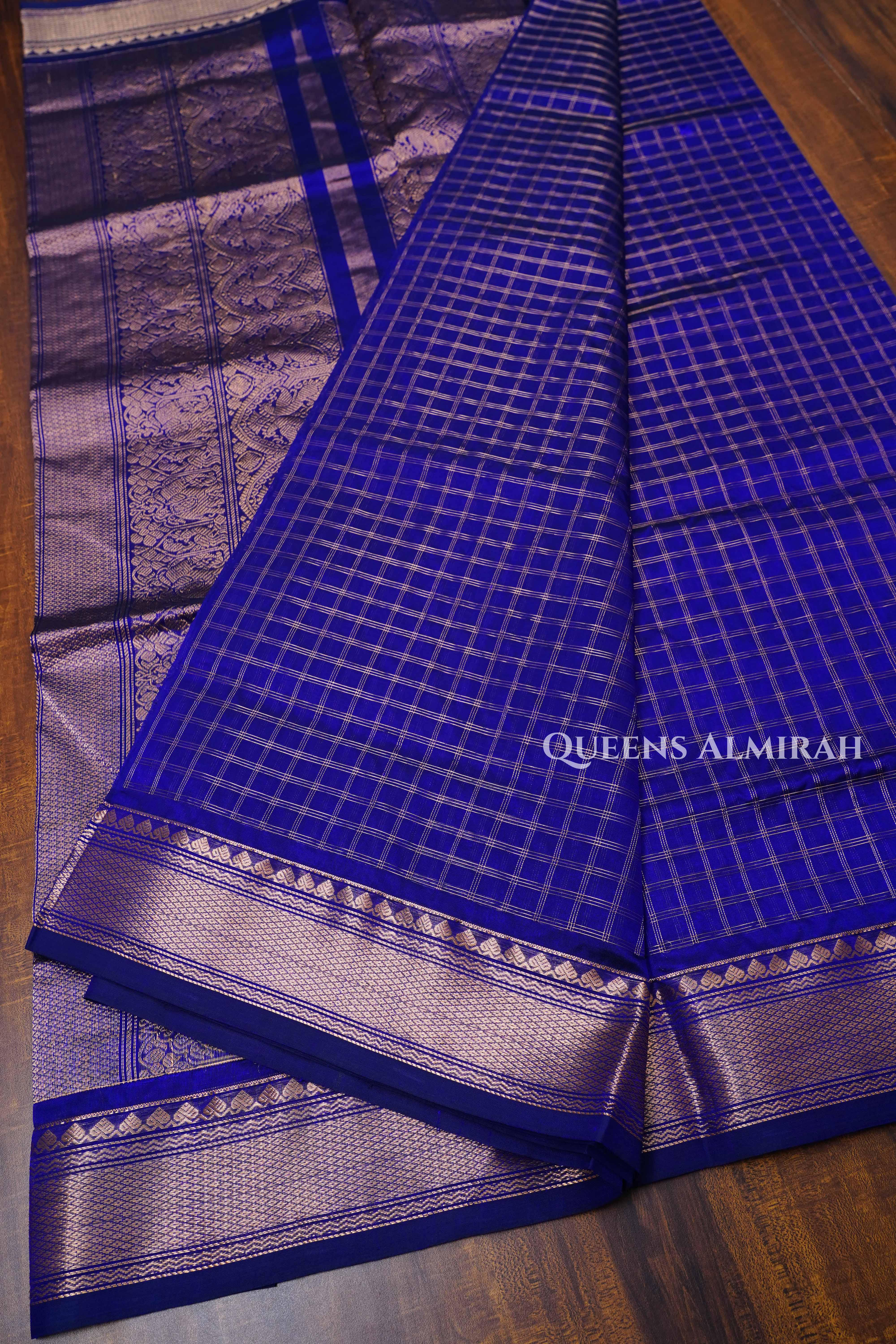 Dark Navy Blue Karaikudi Chettinad Silk Cotton Saree