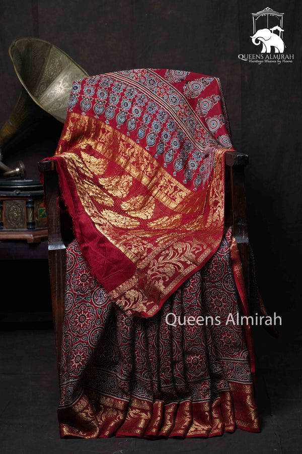 BURGUNDY  DOLA AJARAKH SILK SAREE