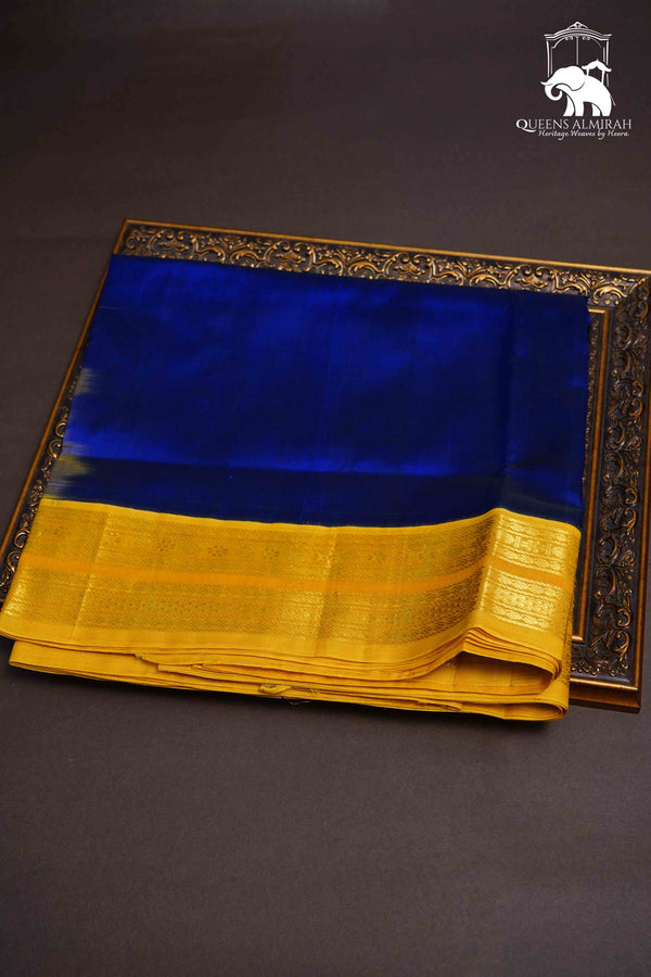 DARK ROYAL BLUE WITH MUSTARD YELLOW PURE KANCHI SILK COTTON SAREE