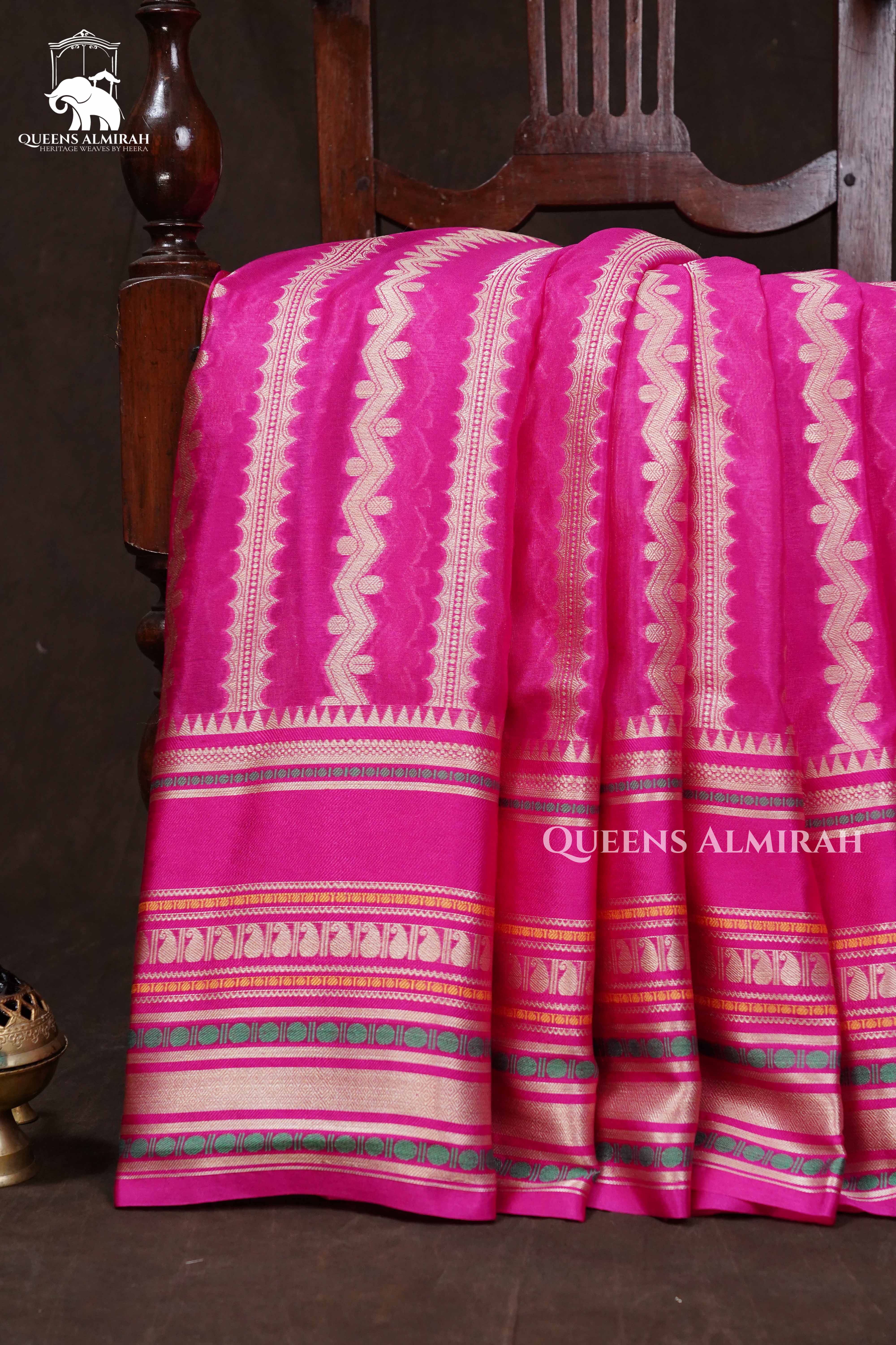 Hot Pink Semi Banarasi Silk Saree