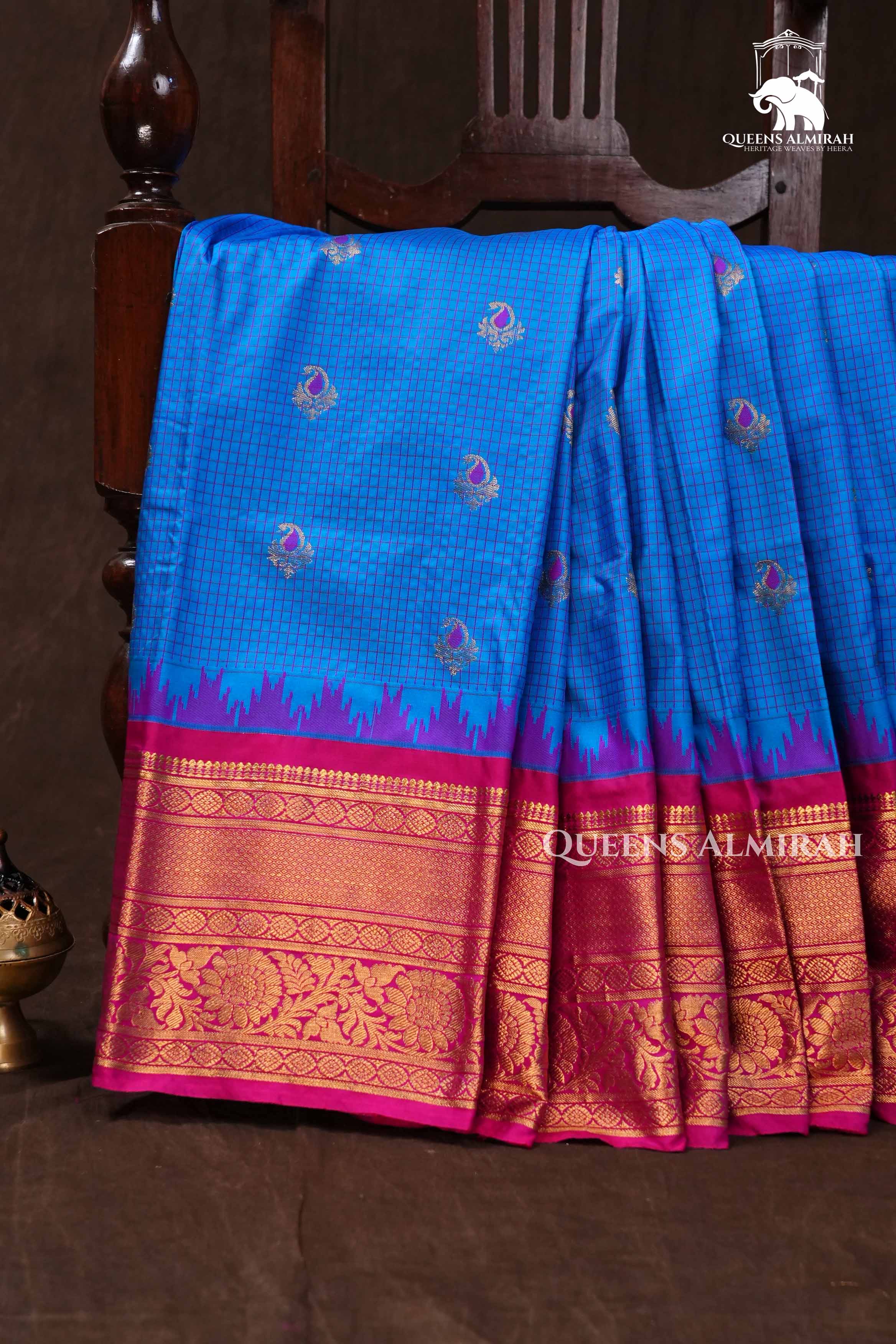 Royal blue with rani pink Semi  Gadwal silk saree