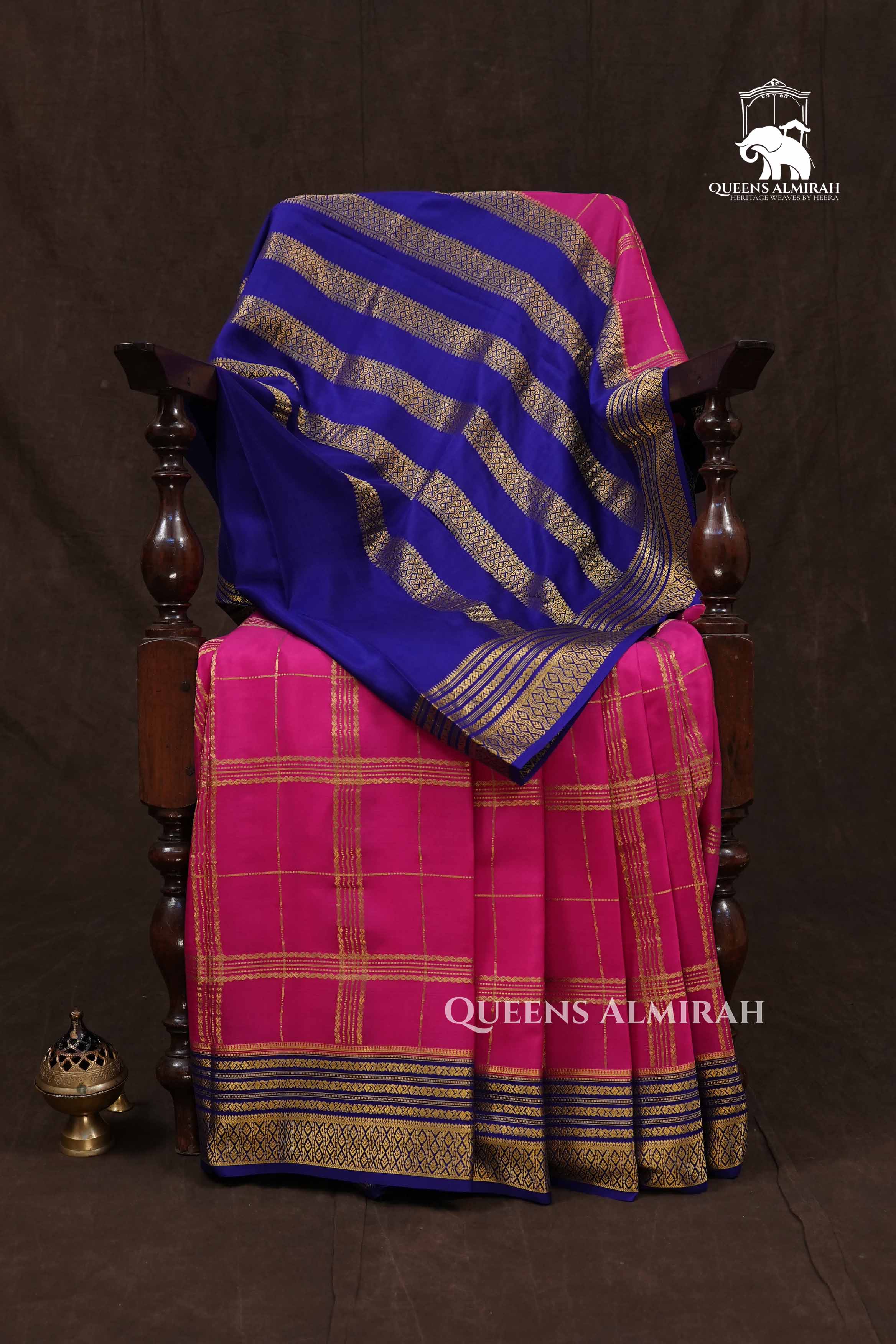 Pink With Navy Blue Mysore Silk Saree