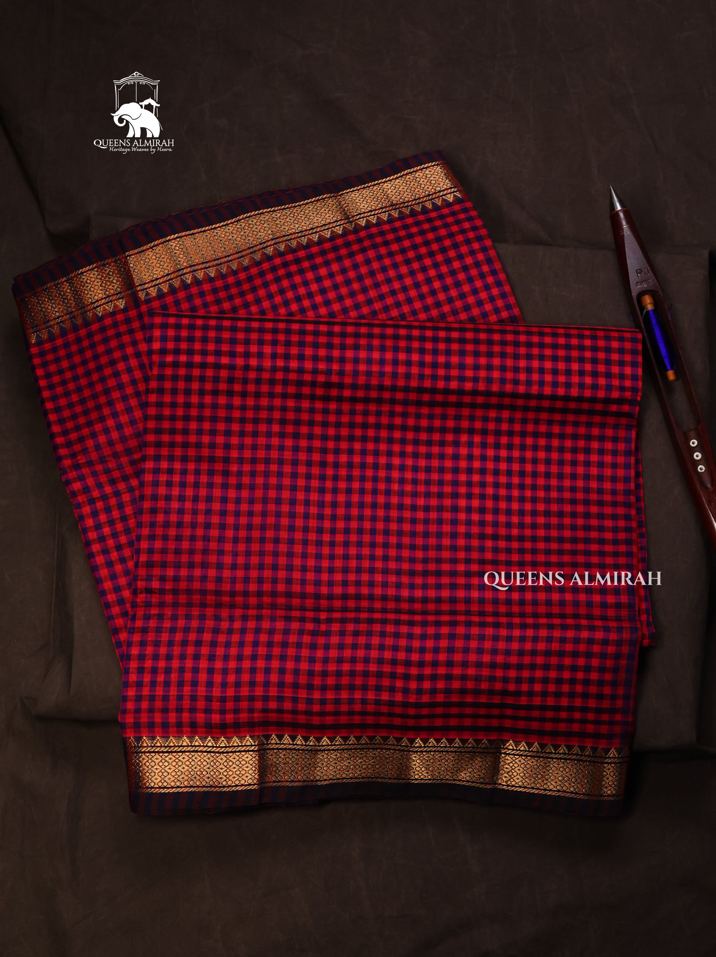 Red With Navy Blue Kattam With Small Border Pure Silk Cotton Saree