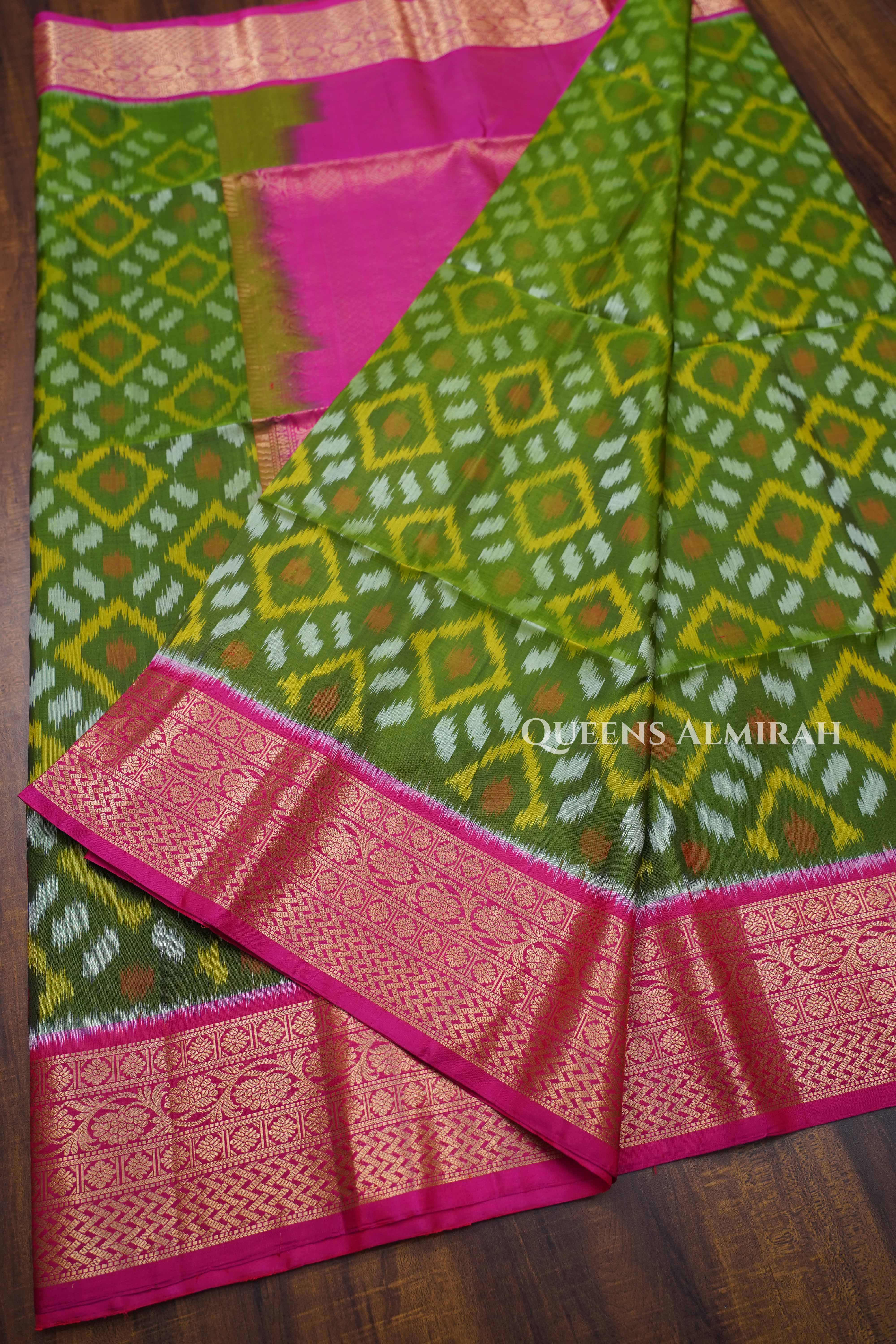 Olive Green With Pink Pure Soft Silk Saree