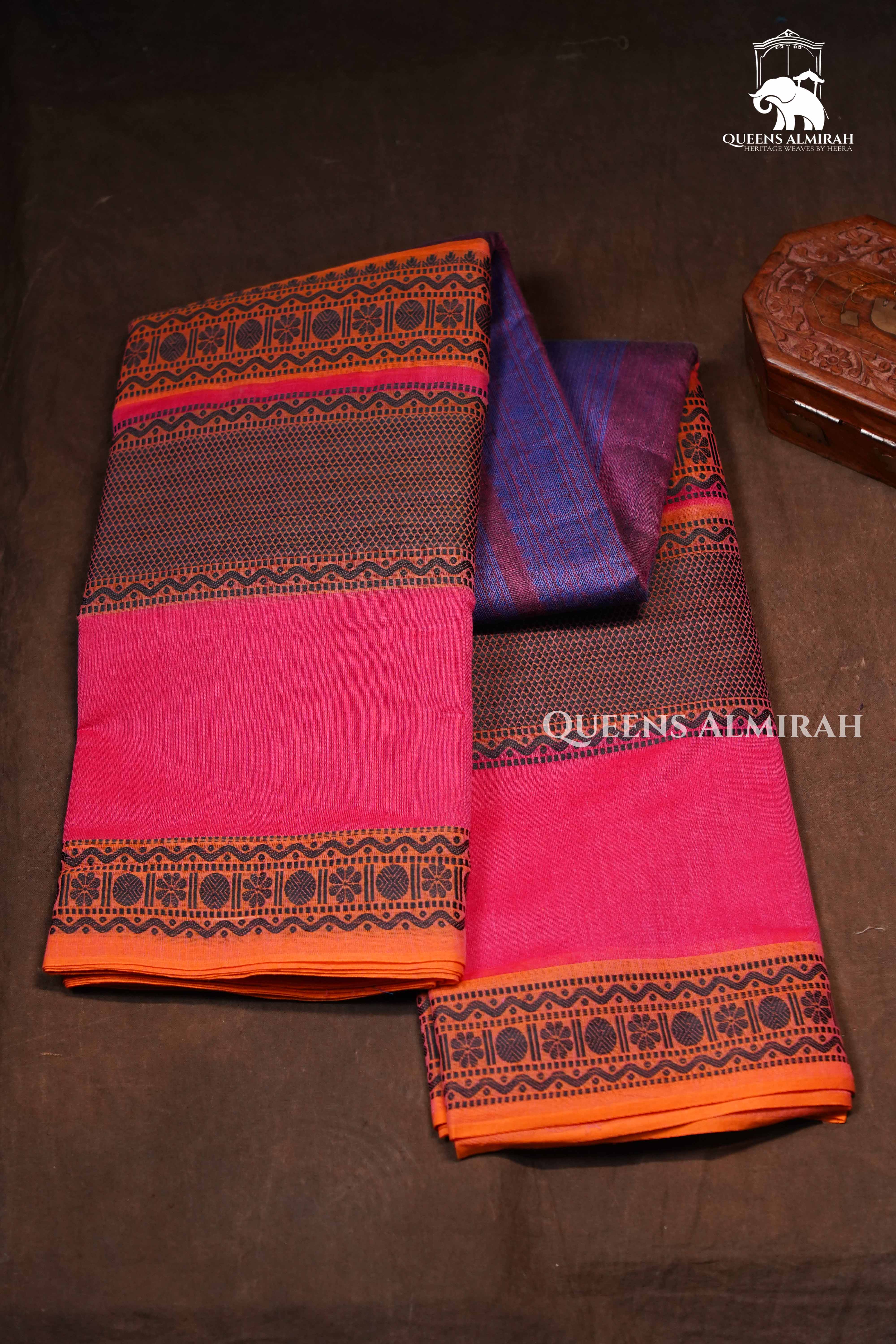 Rani Pink With Orange Chettinad Cotton Saree