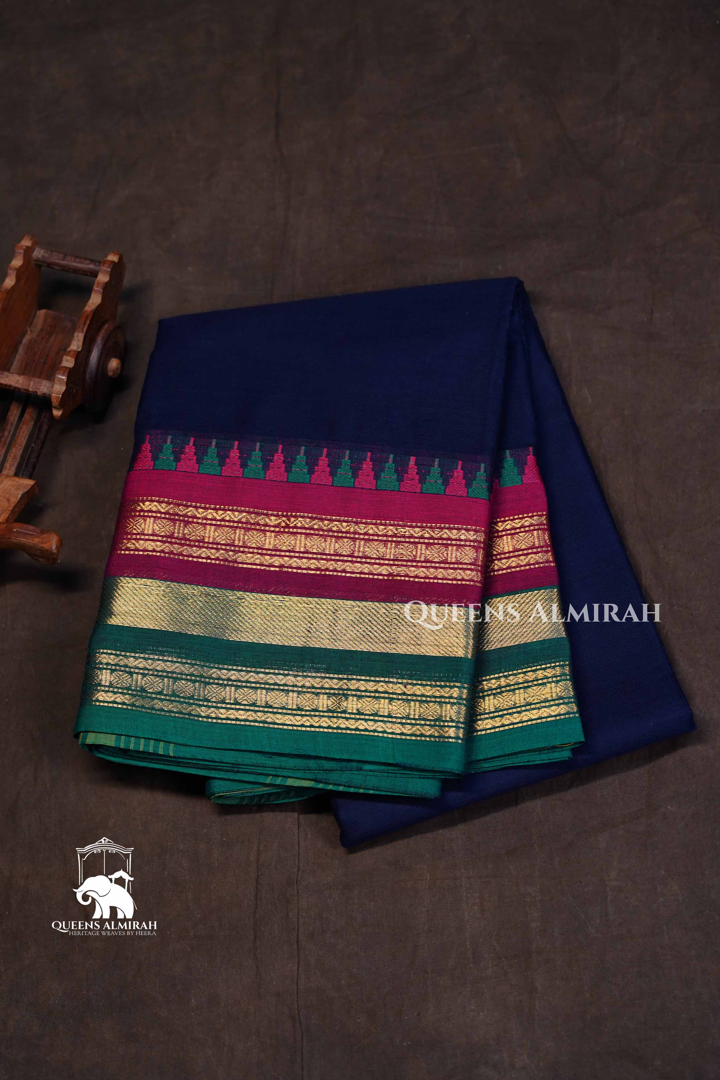 Dark Navy Blue With Green Kanchi Cotton Saree