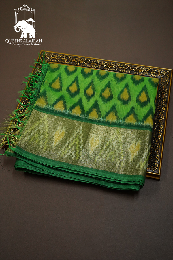 PURE SILK COTTON SAREE - ALGAE GREEN WITH LEAF GREEN - Queens Jewel Emporium
