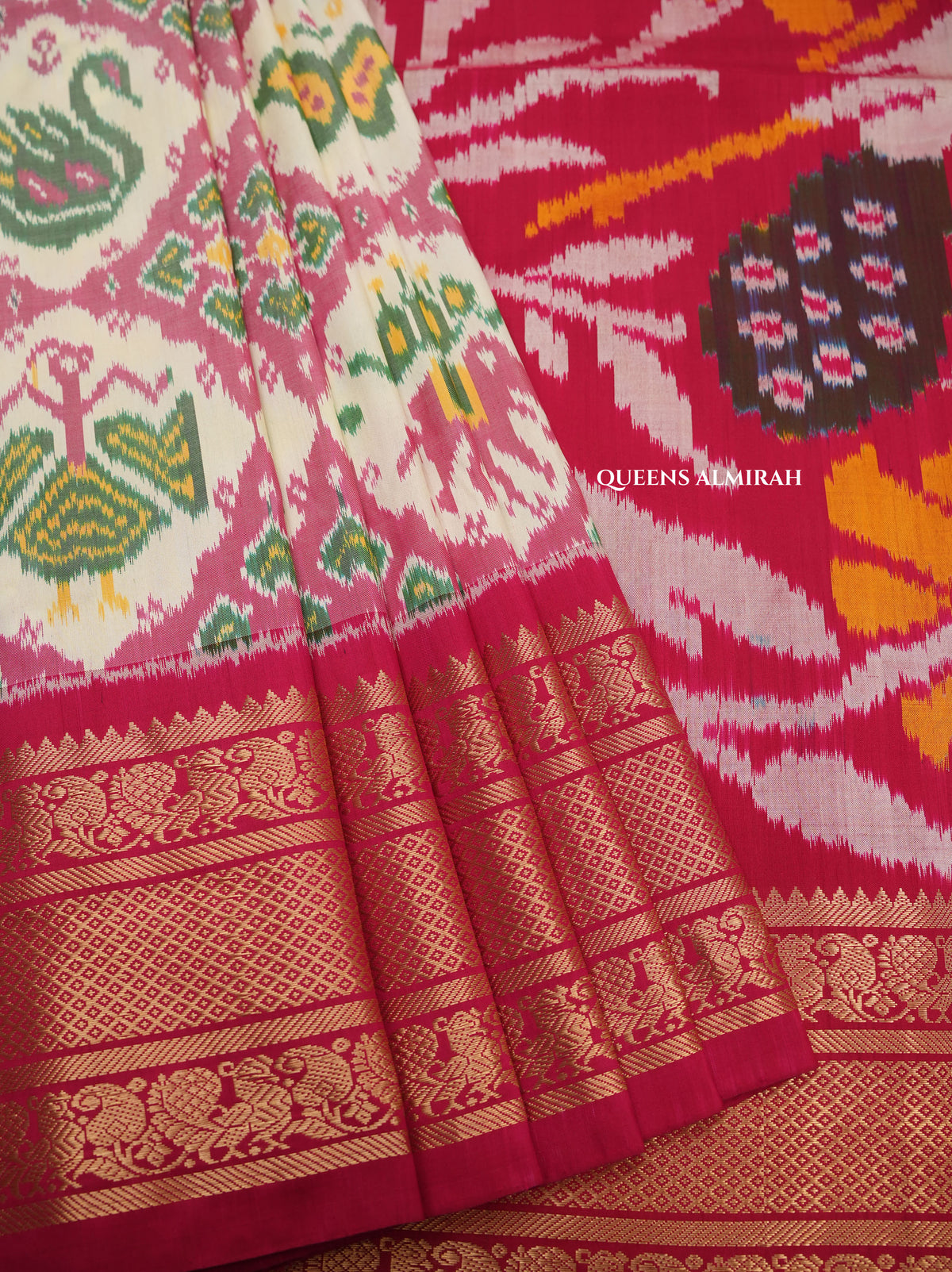Off White With Pink Pochampally Silk Saree